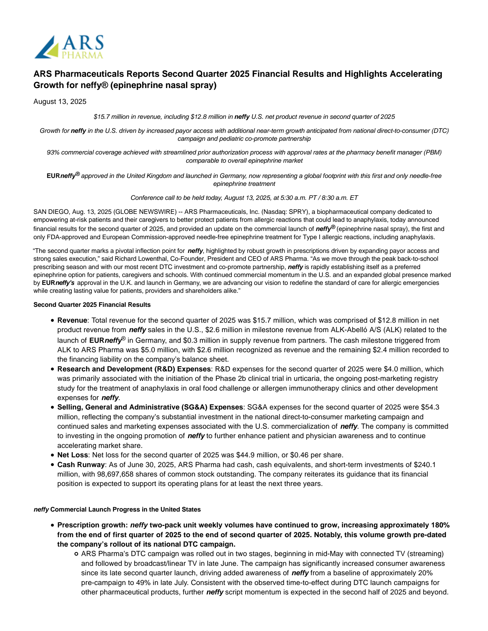 ARS Pharmaceuticals' Q2 2025 Press Release