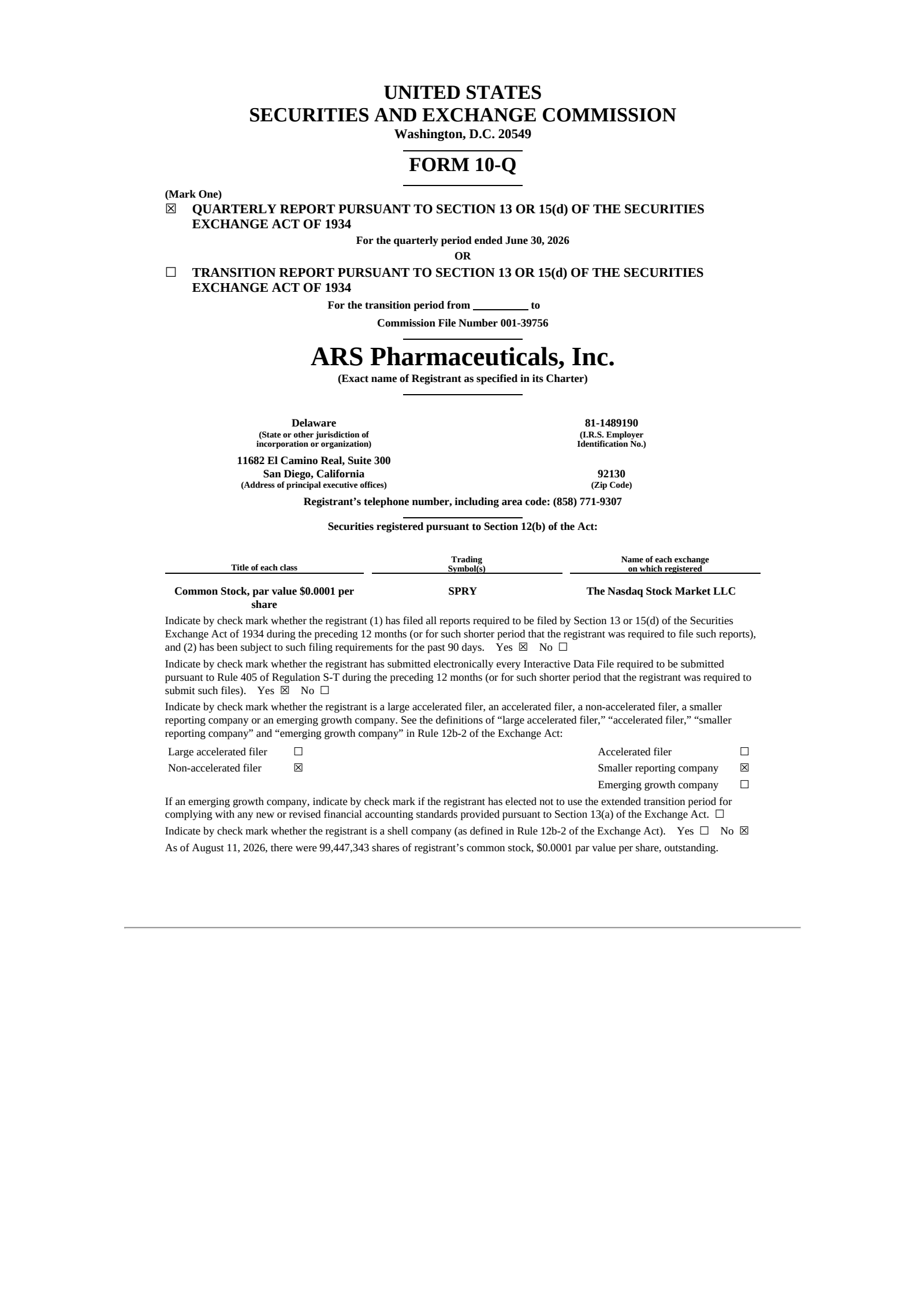 ARS Pharmaceuticals' Q2 2026 Quarterly report