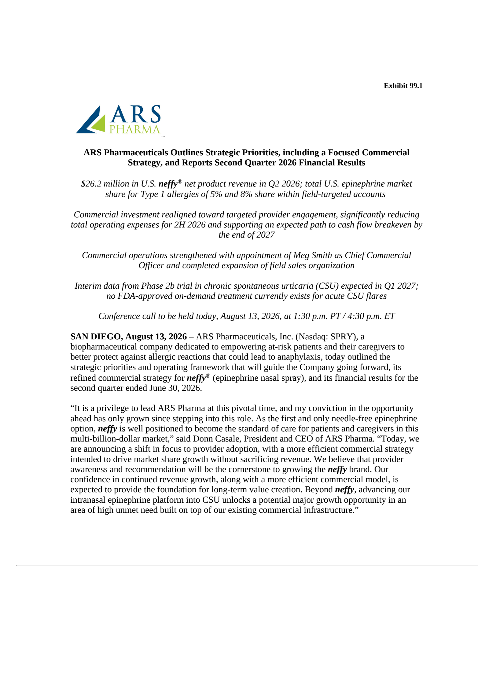 ARS Pharmaceuticals' Q2 2026 Press Release