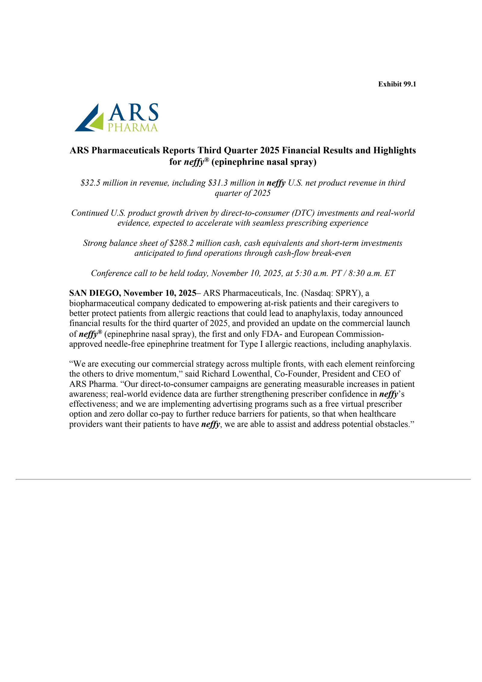 ARS Pharmaceuticals' Q3 2025 Earnings Release