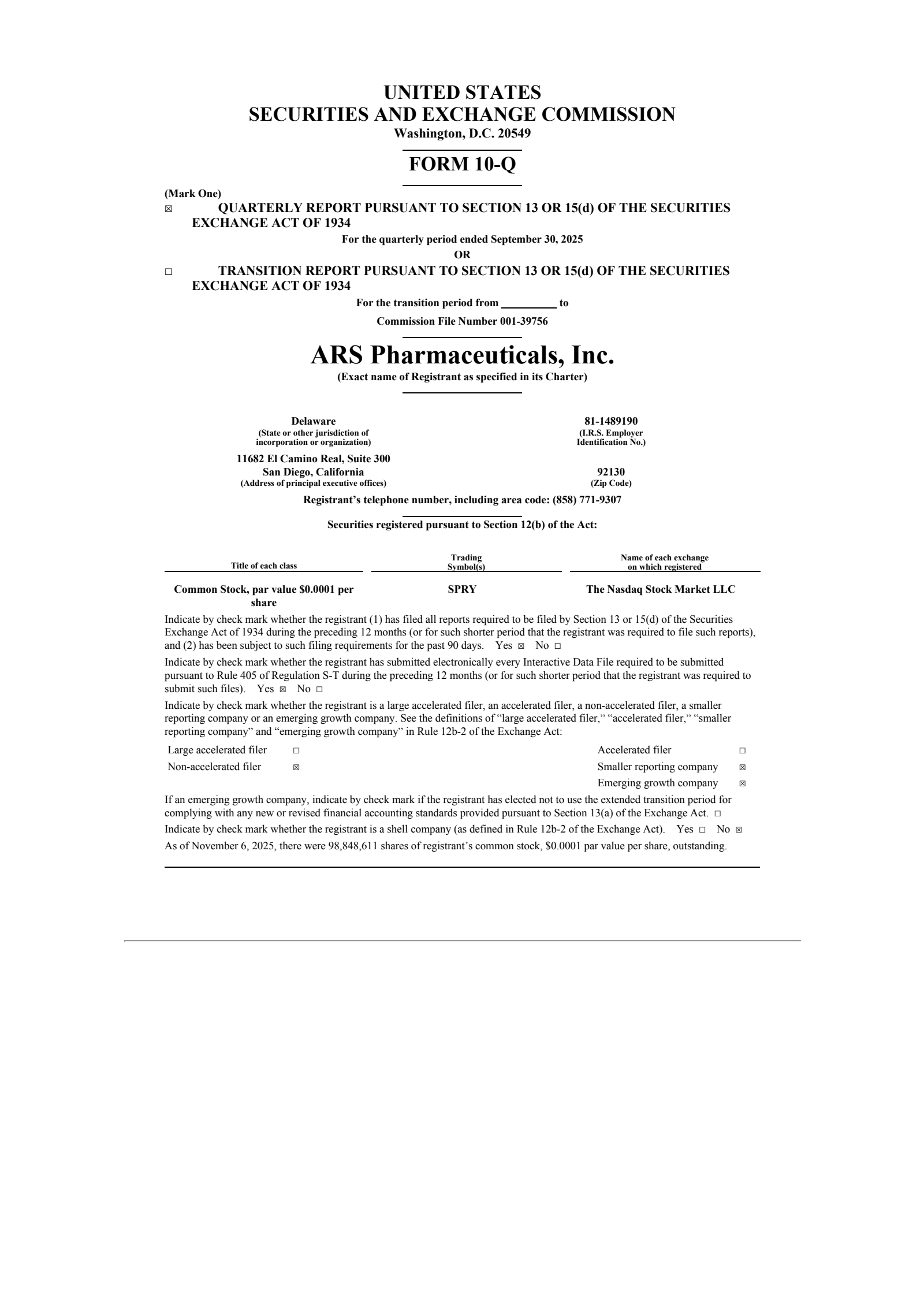 ARS Pharmaceuticals' Q3 2025 Quarterly Report