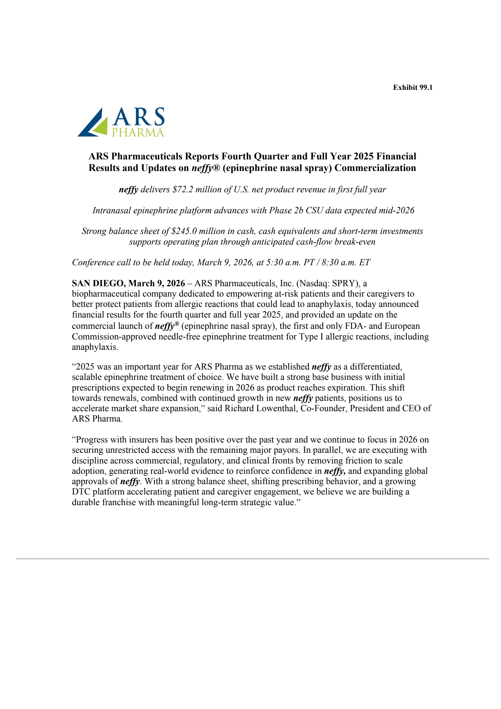 ARS Pharmaceuticals' Q4 2025 Press Release