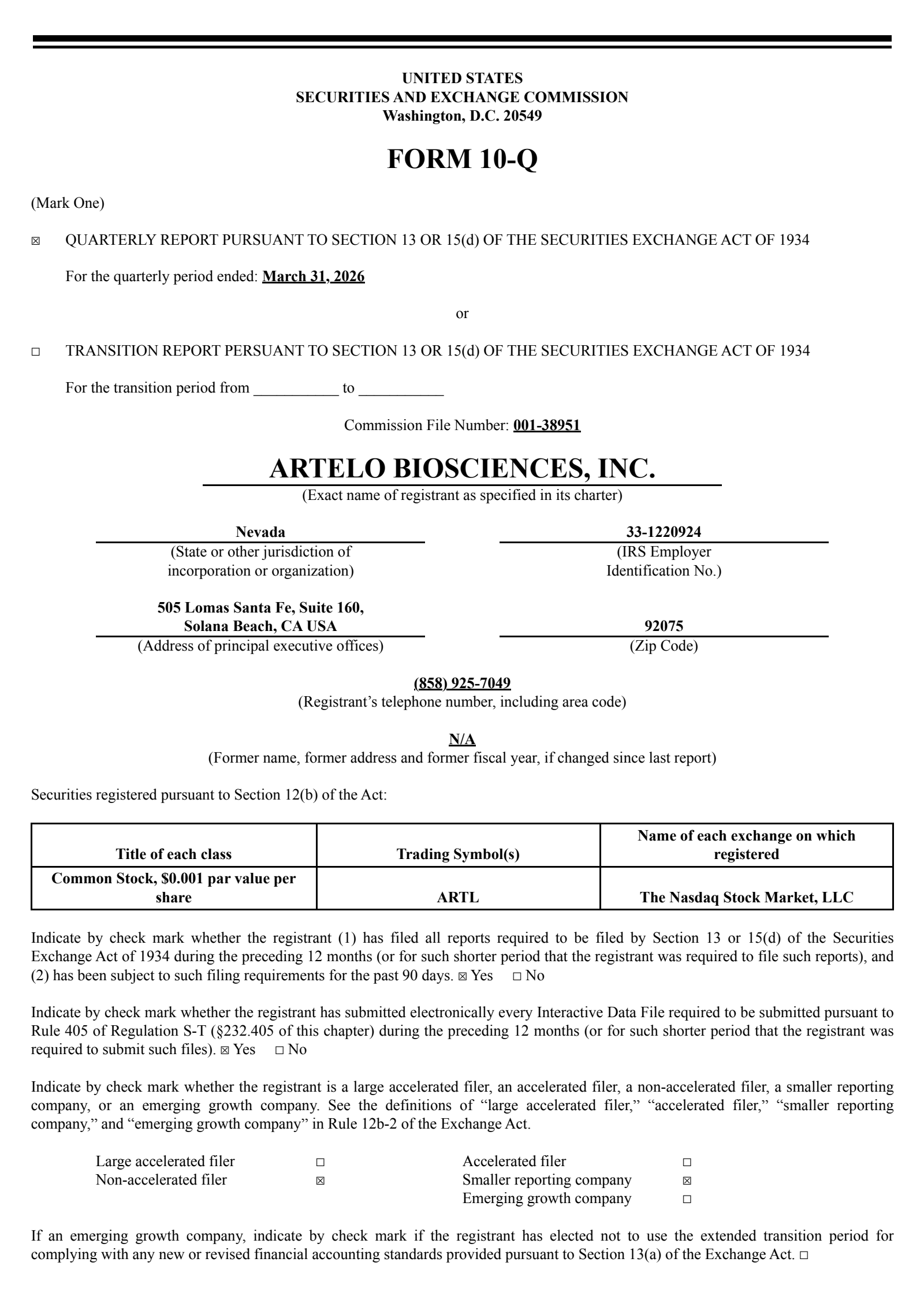 Artelo Biosciences' Q1 2026 Quarterly report