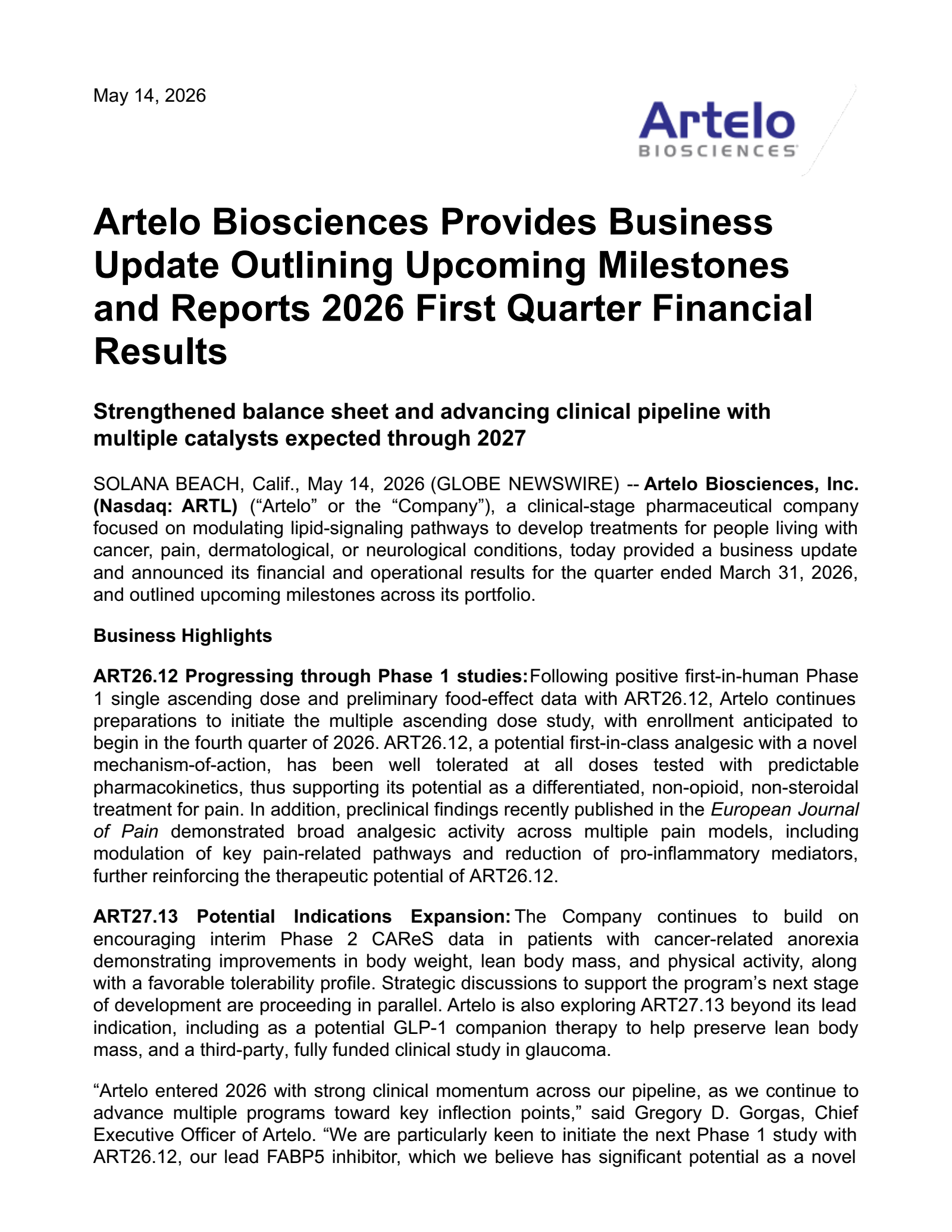 Artelo Biosciences' Q1 2026 Press Release