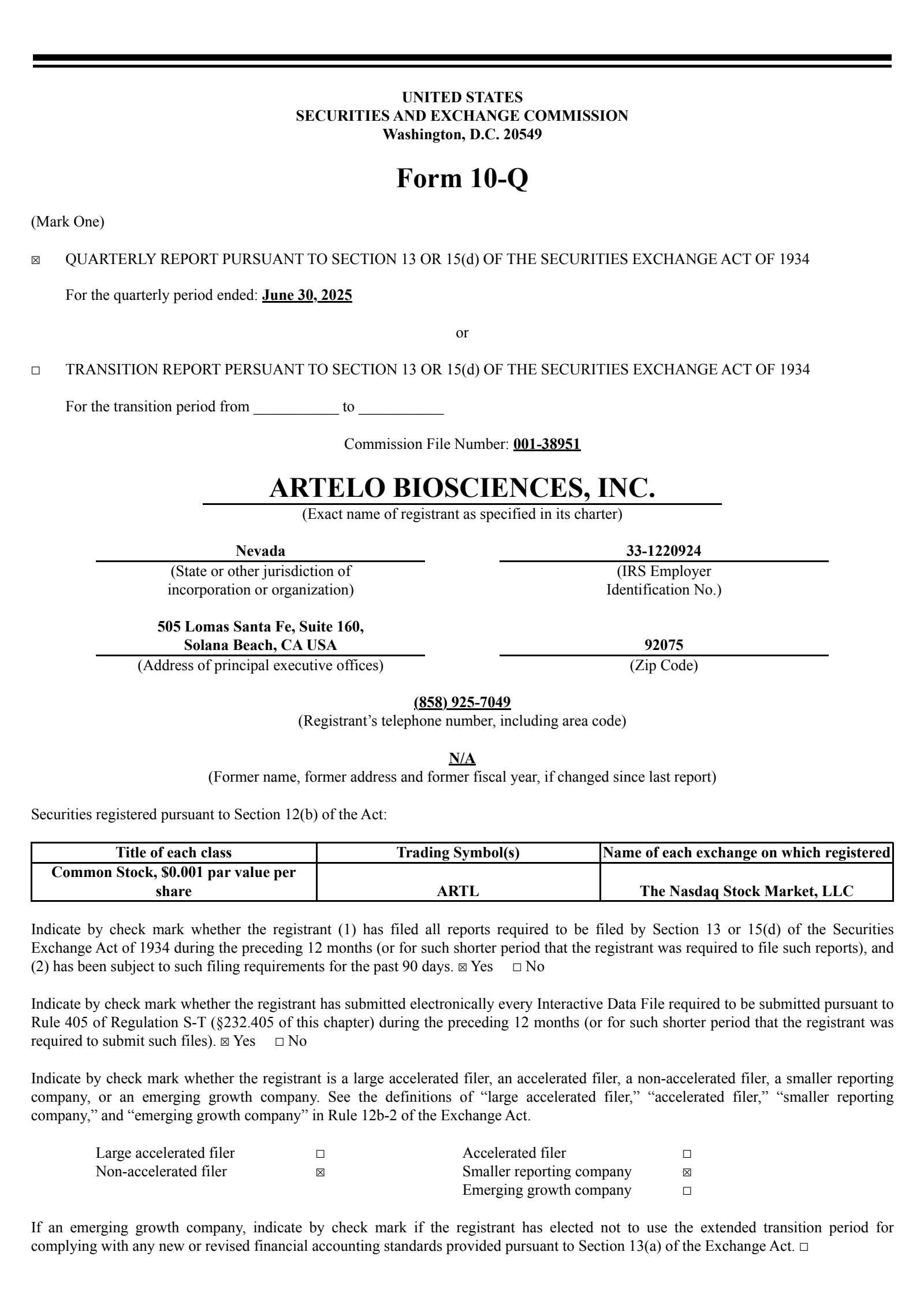 Artelo Biosciences' Q2 2025 Quarterly report