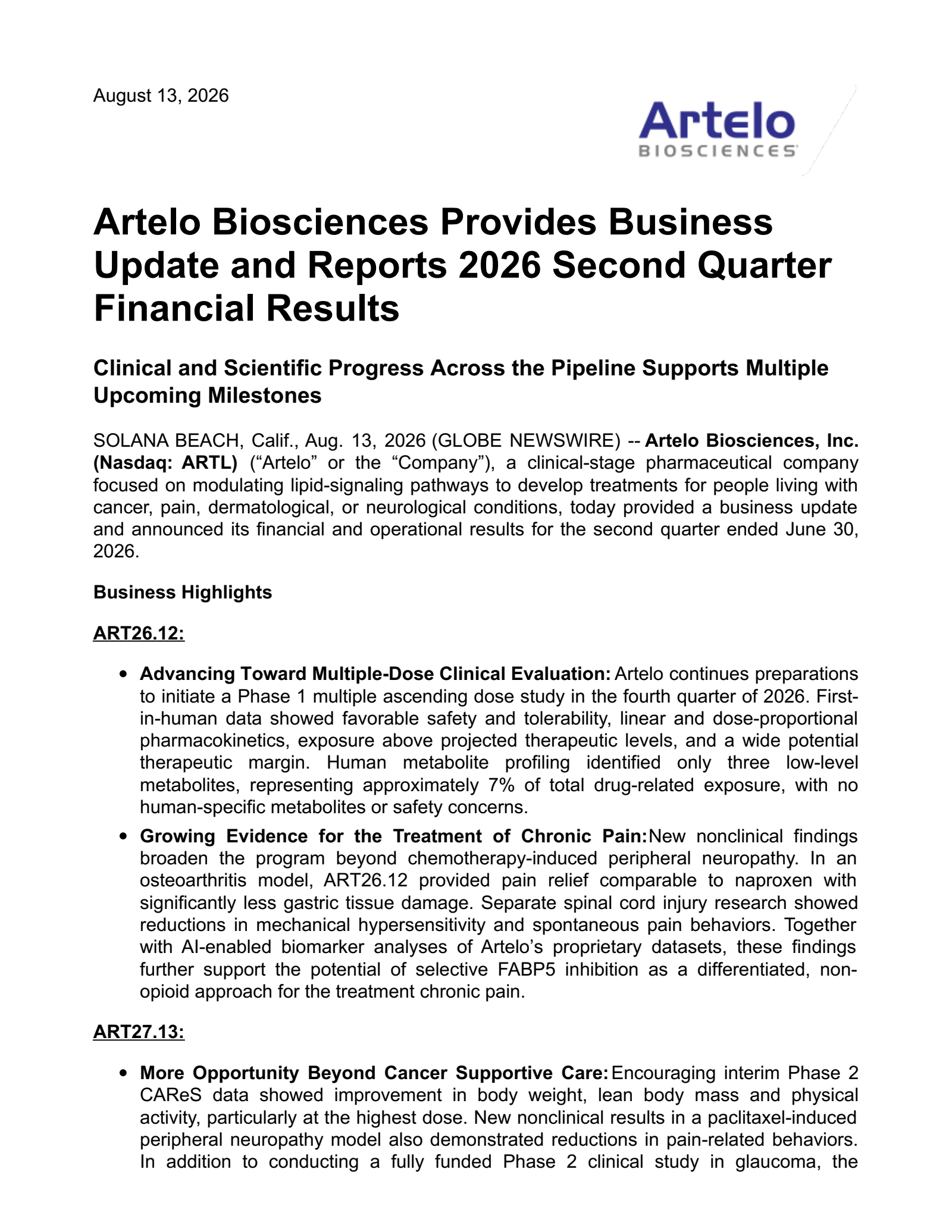 Artelo Biosciences' Q2 2026 Press Release