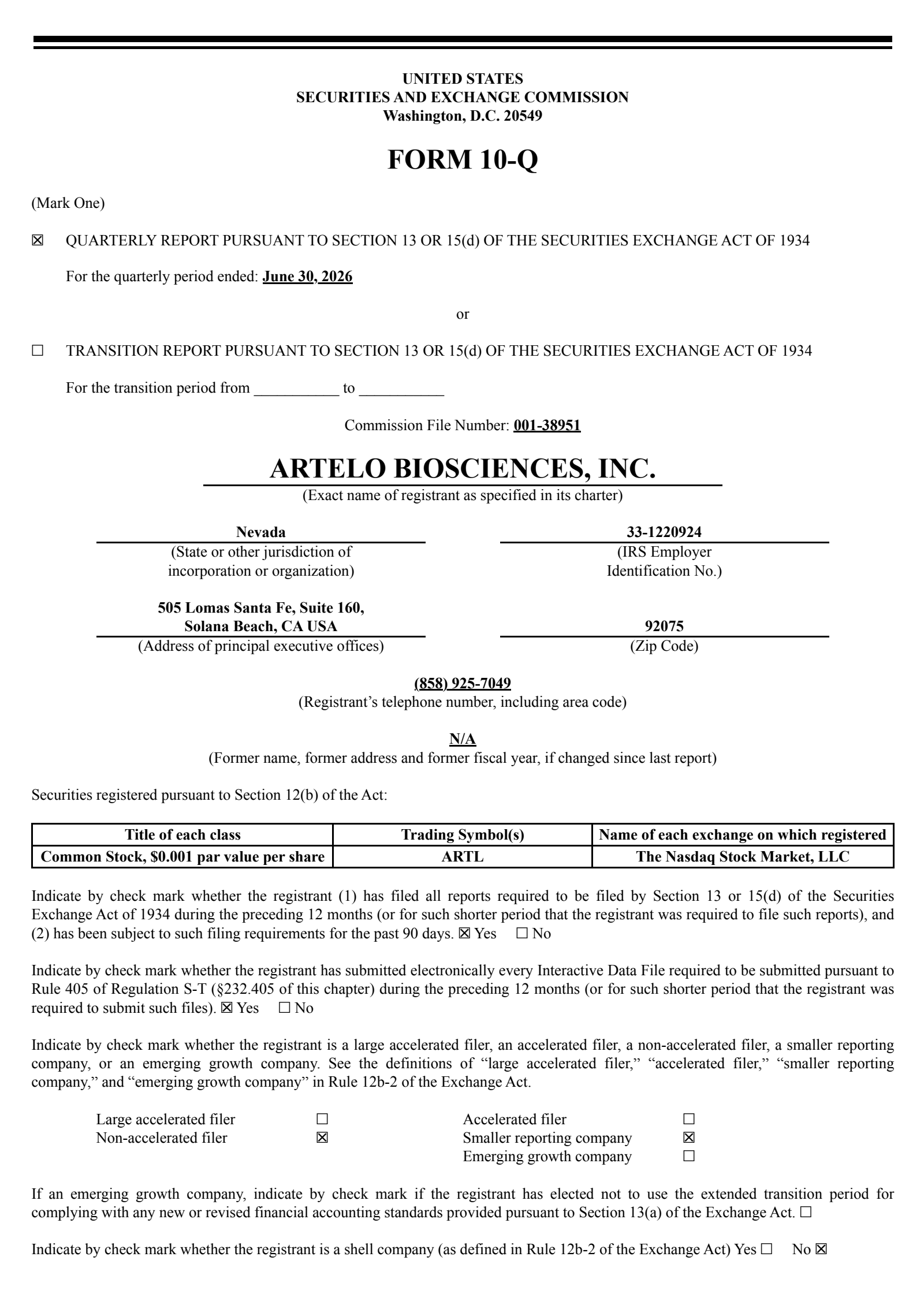 Artelo Biosciences' Q2 2026 Quarterly report
