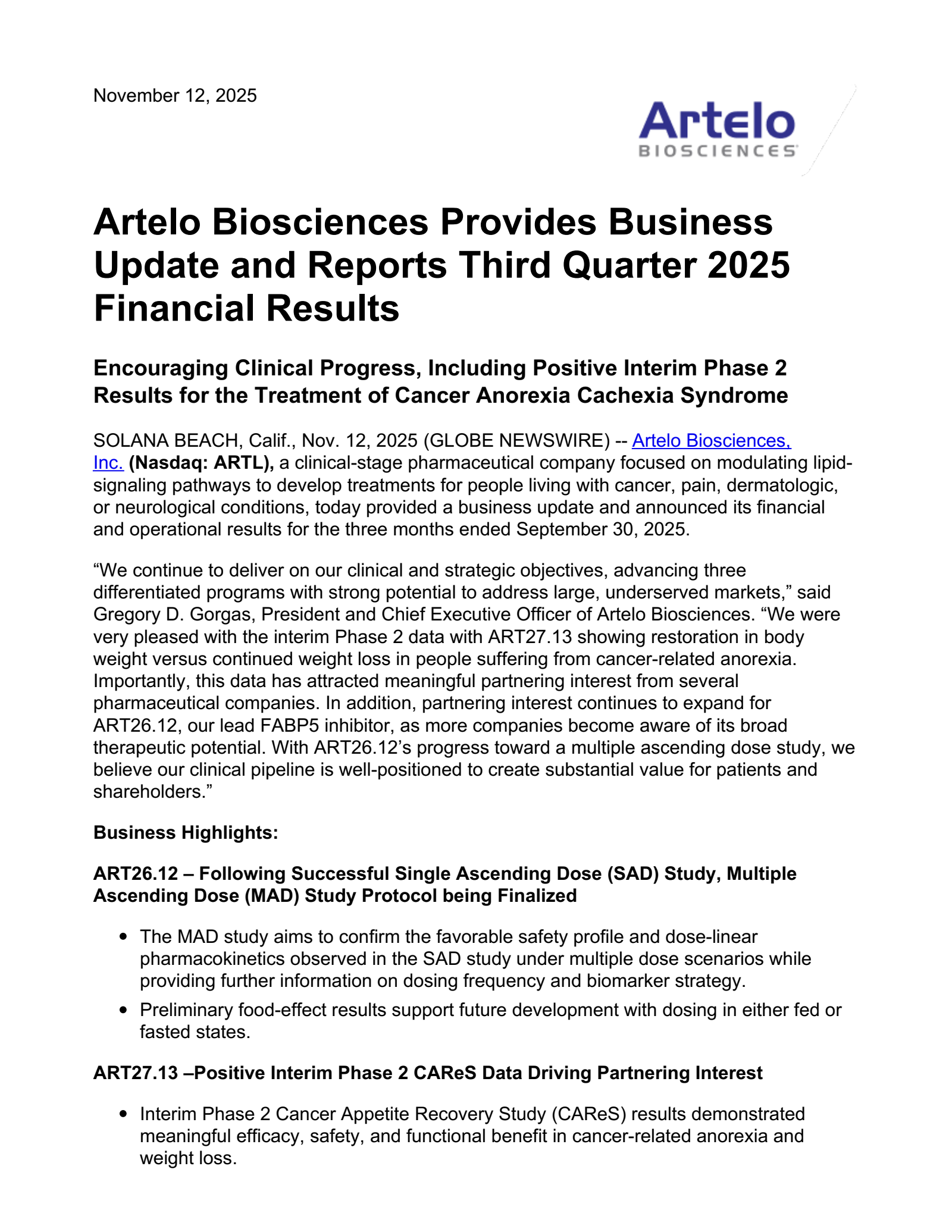 Artelo Biosciences' Q3 2025 Earnings Release
