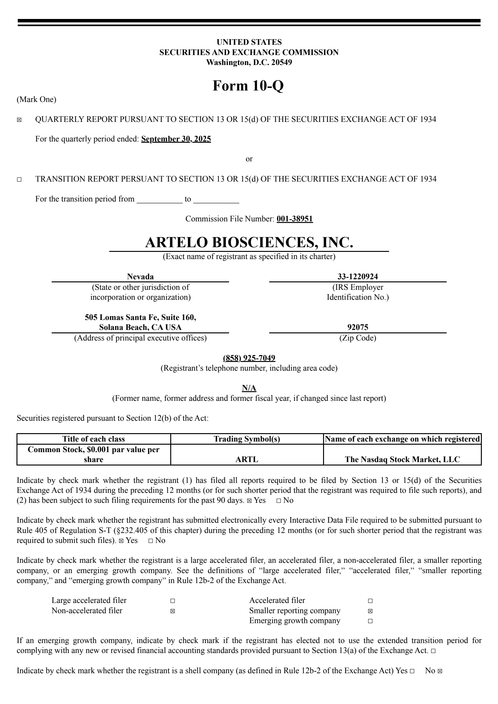 Artelo Biosciences' Q3 2025 Quarterly Report
