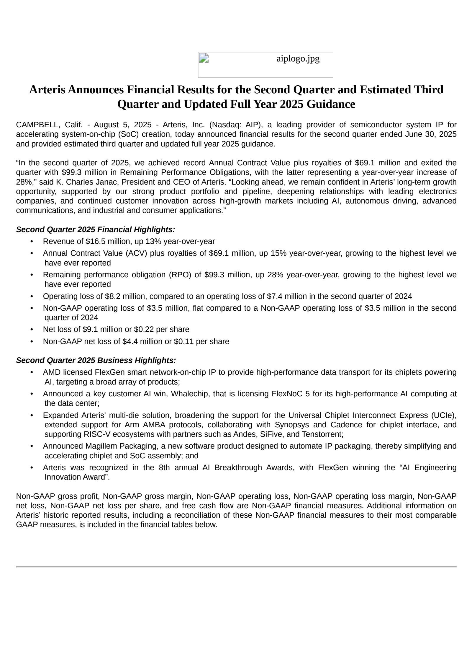 Arteris' Q2 2025 Press Release
