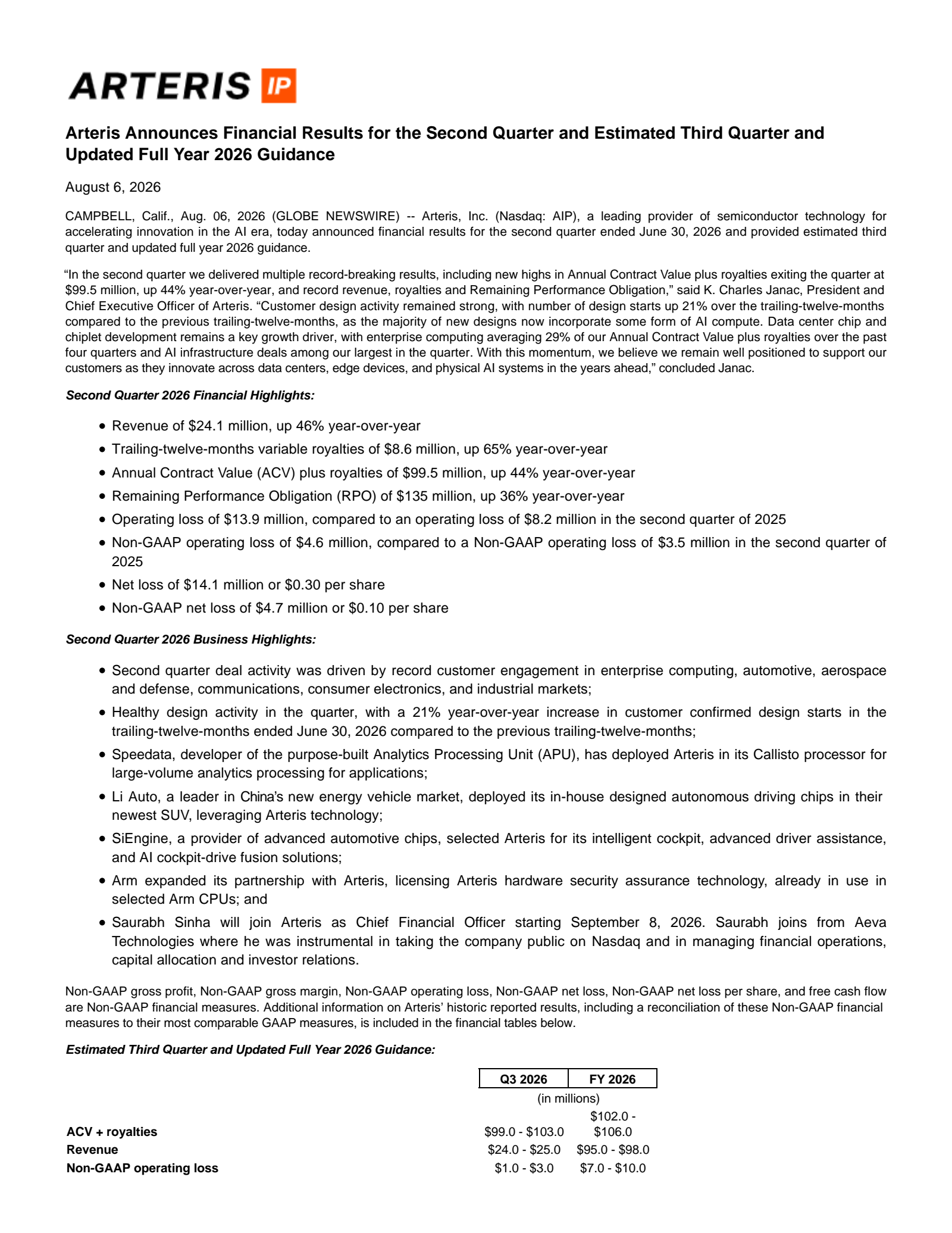 Arteris' Q2 2026 Press Release