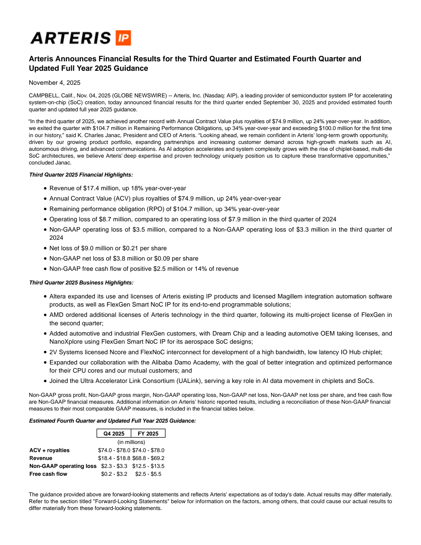 Arteris' Q3 2025 Earnings Release