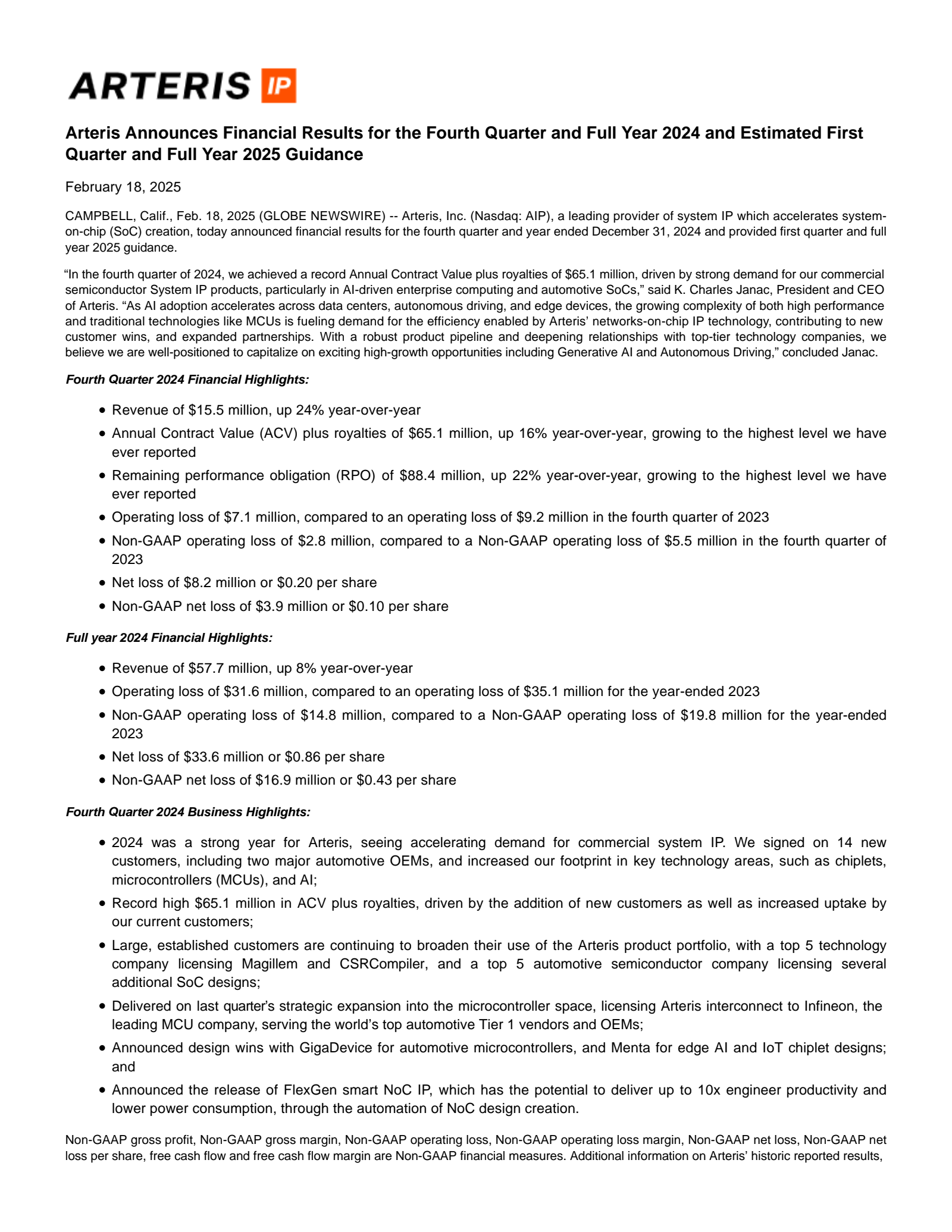 Arteris' Q4 2024 Press Release