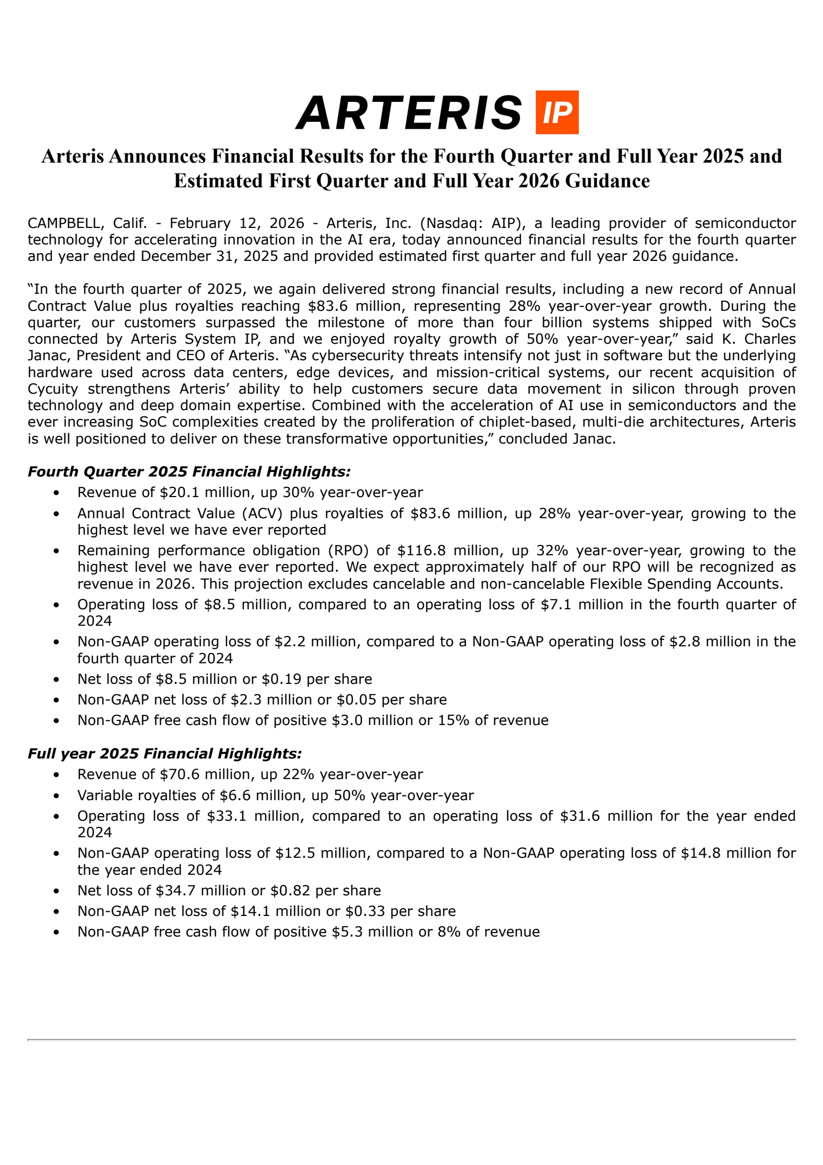 Arteris' Q4 2025 Press Release