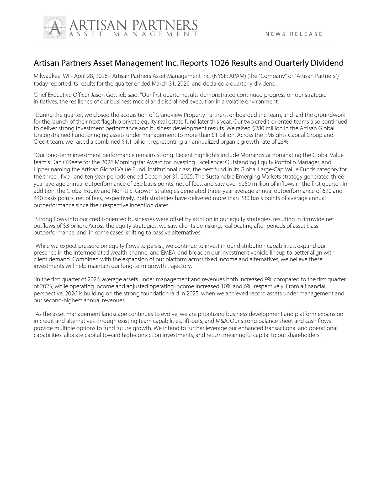 Artisan Partners Asset Management's Q1 2026 Press Release