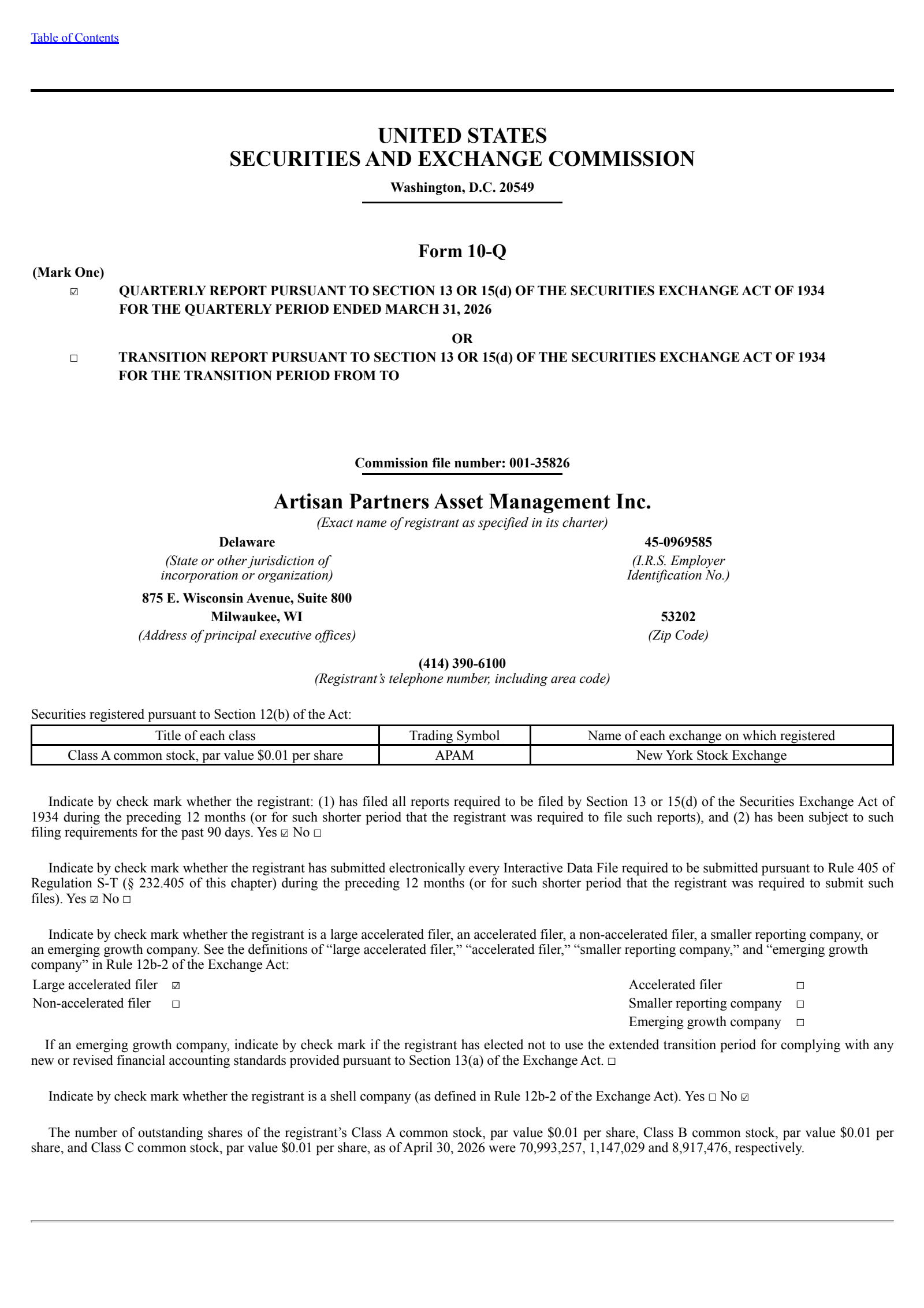 Artisan Partners Asset Management's Q1 2026 Quarterly report