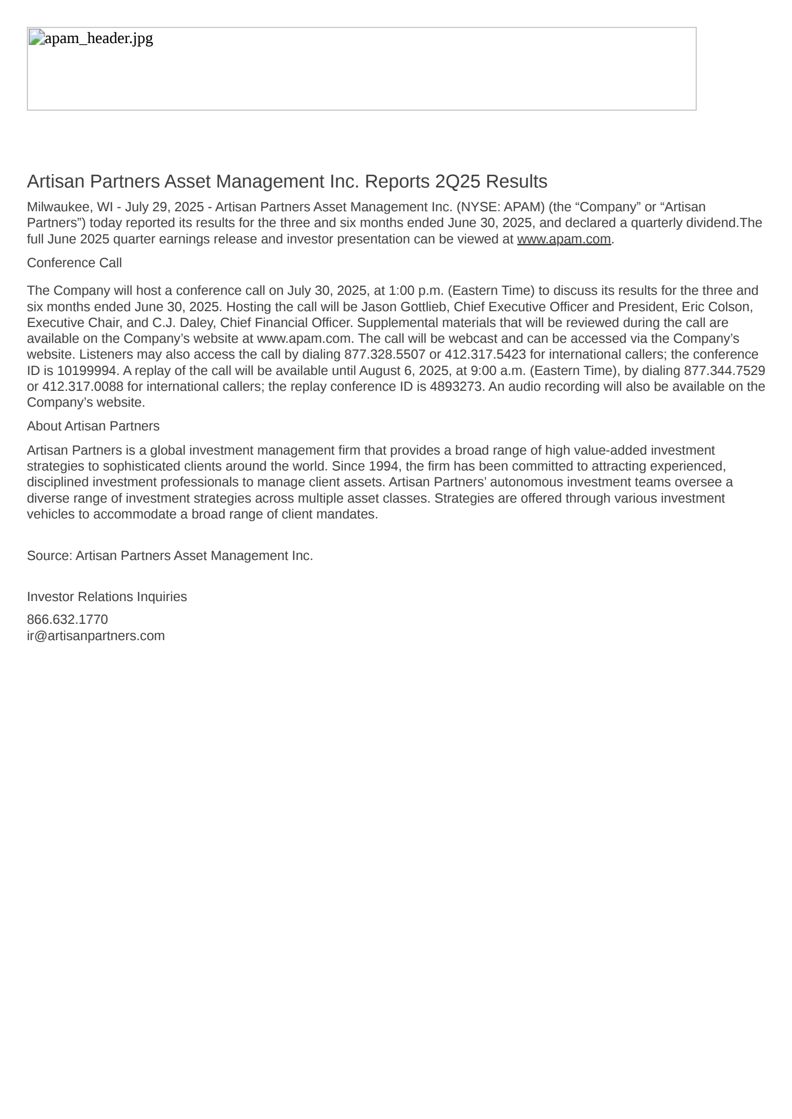 Artisan Partners Asset Management's Q2 2025 Press Release