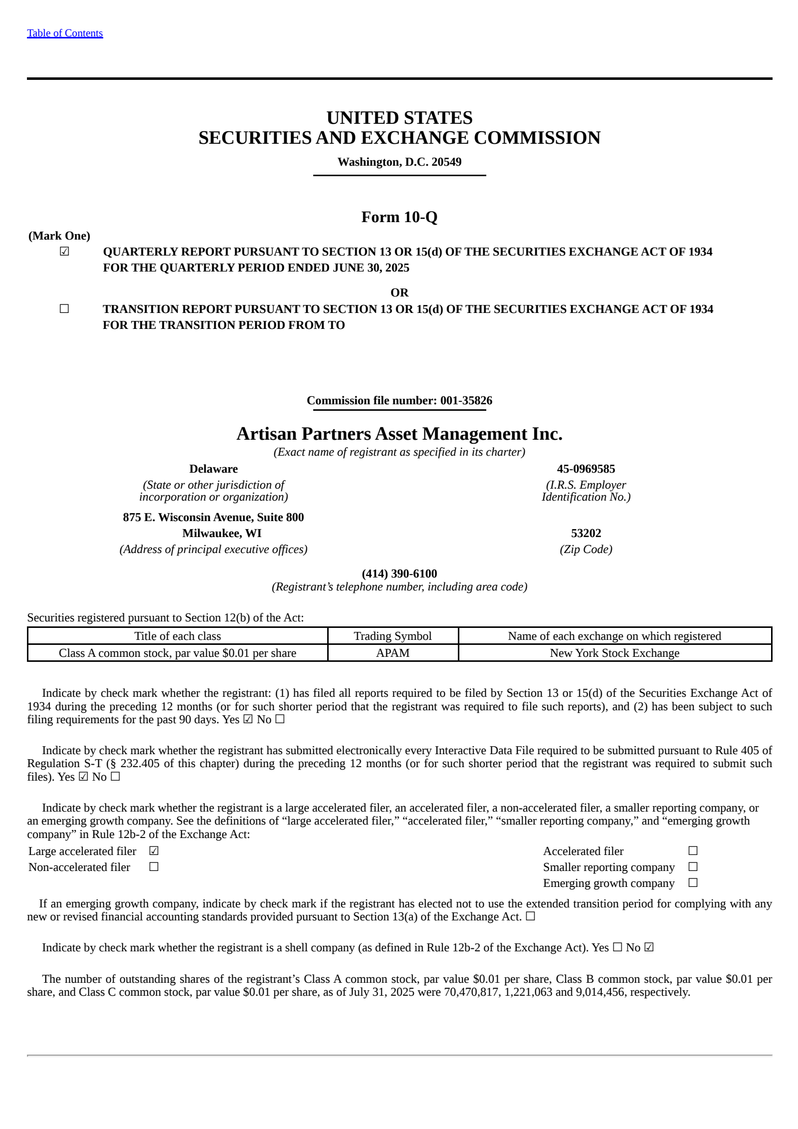 Artisan Partners Asset Management's Q2 2025 Quarterly report