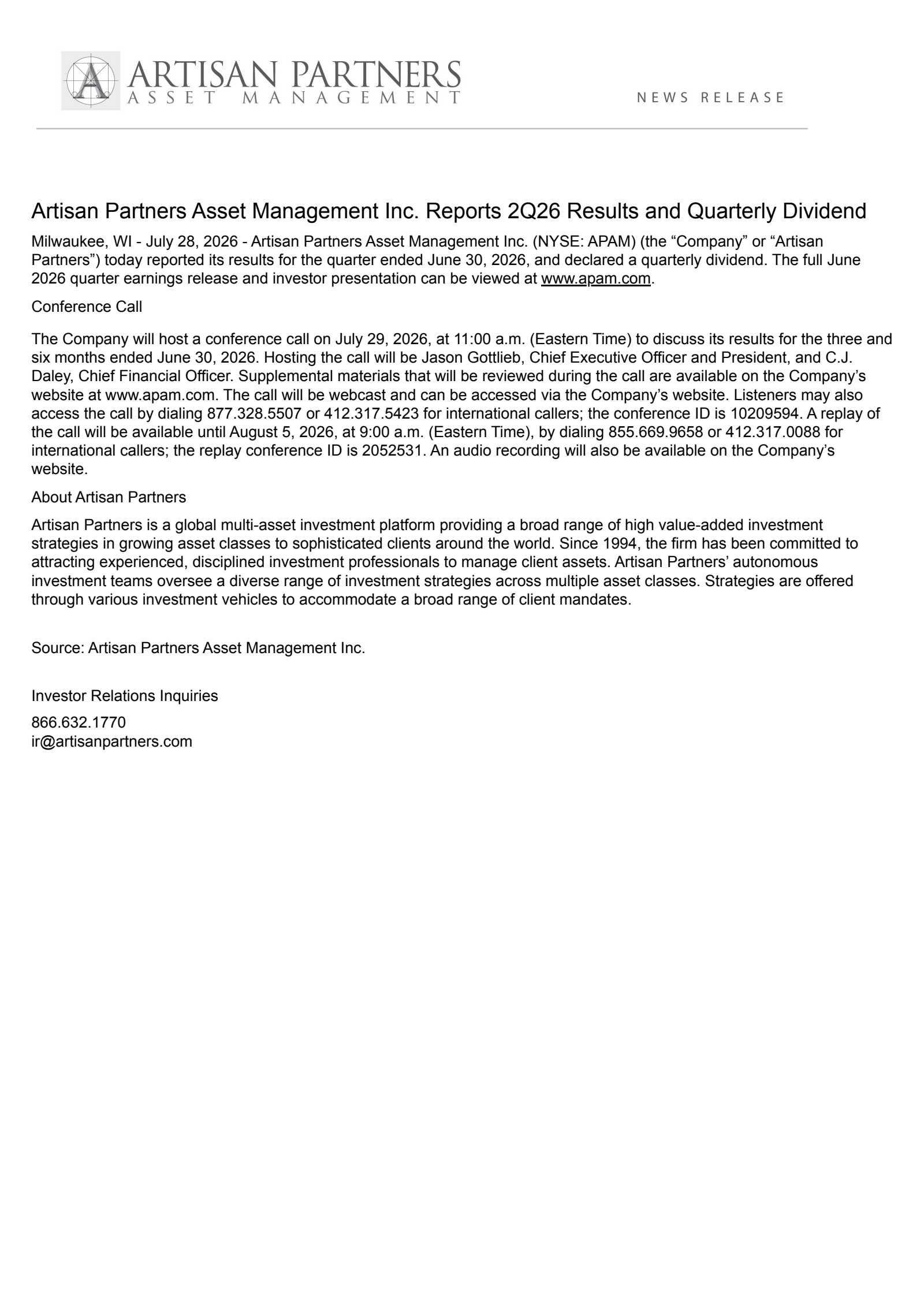 Artisan Partners Asset Management's Q2 2026 Press Release