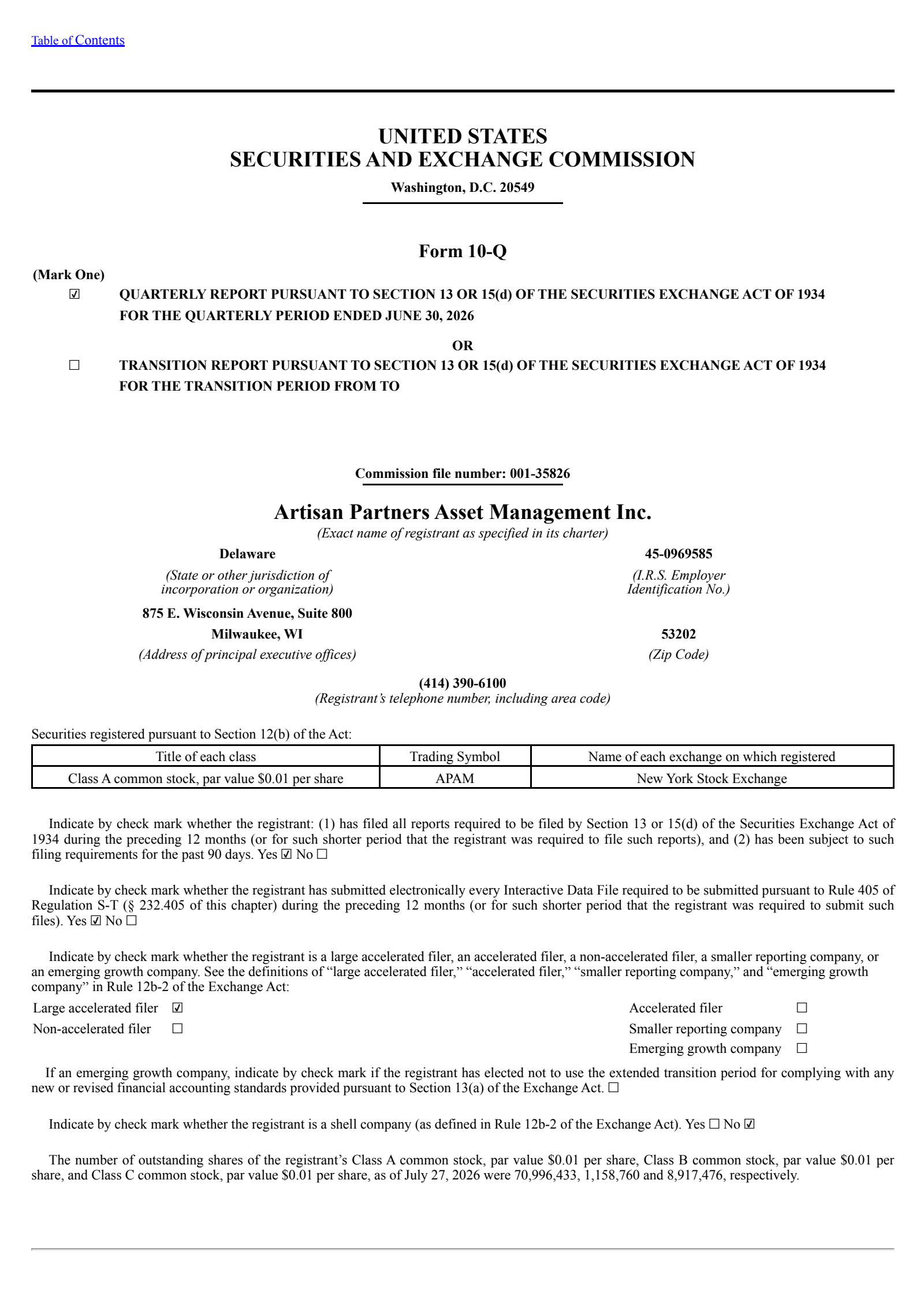 Artisan Partners Asset Management's Q2 2026 Quarterly report