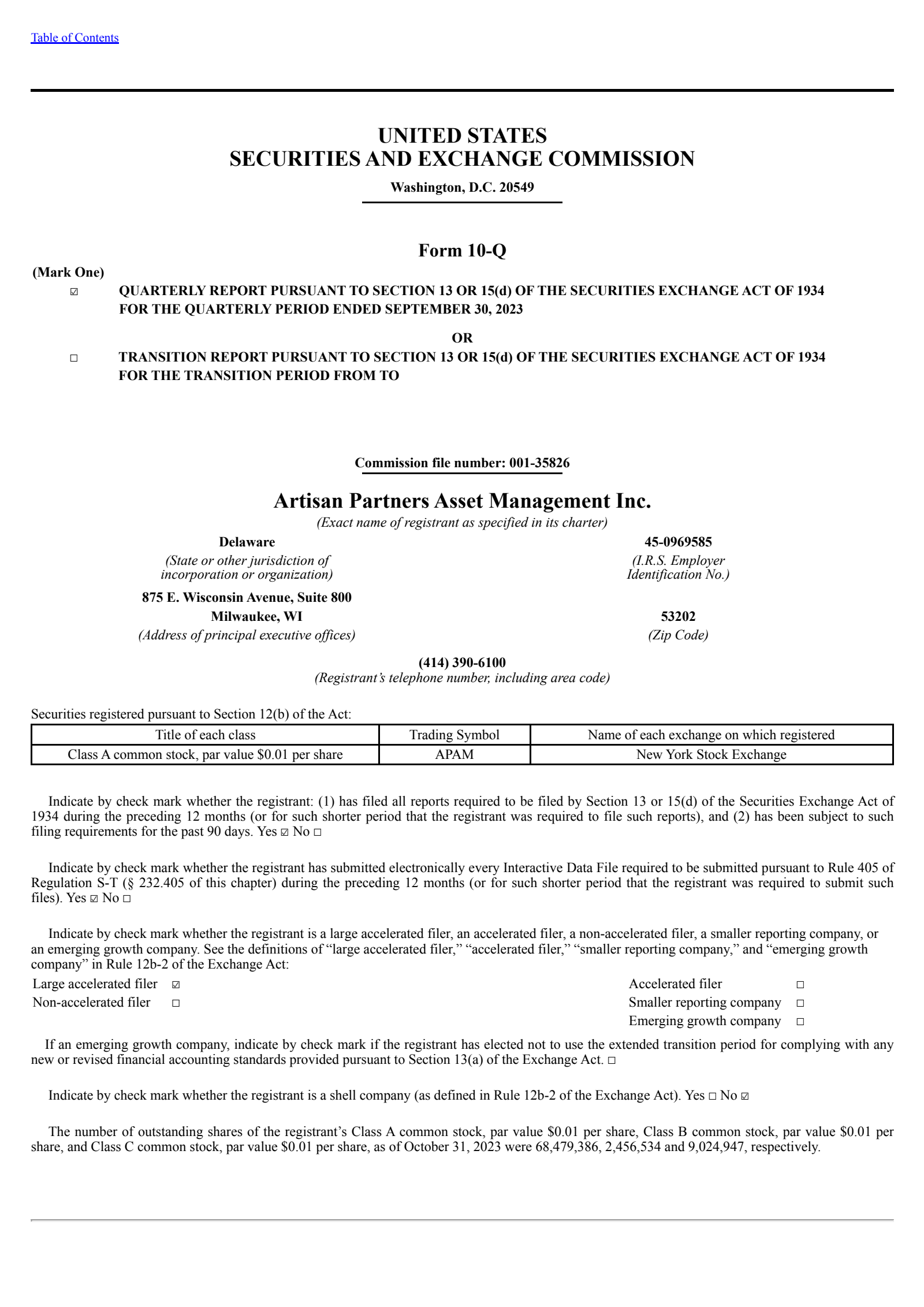 Artisan Partners Asset Management's Q3 2023 Quarterly report