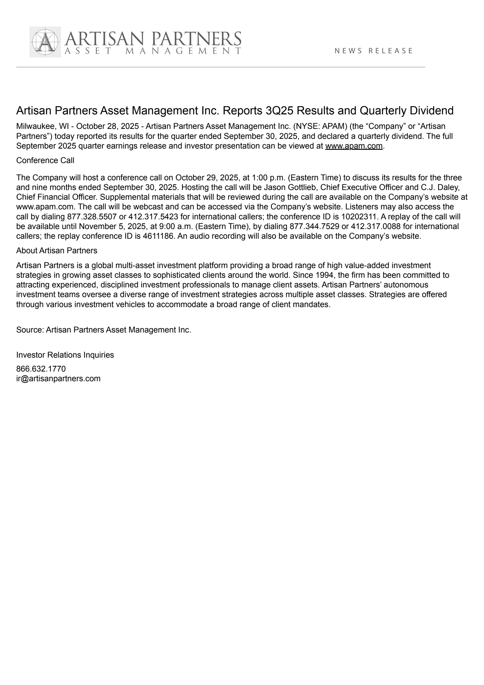 Artisan Partners Asset Management's Q3 2025 Earnings Release