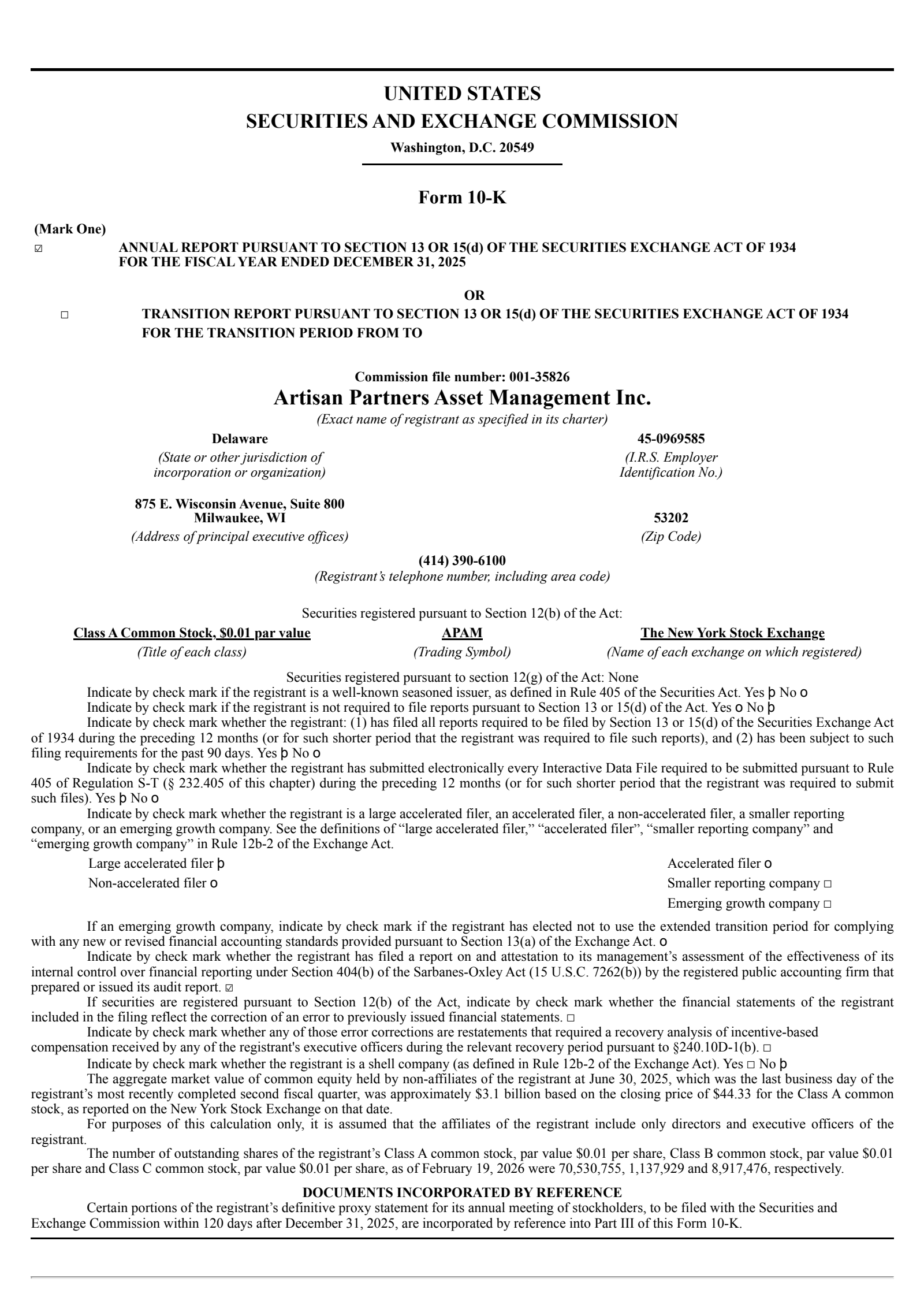 Artisan Partners Asset Management's Q4 2025 Annual report