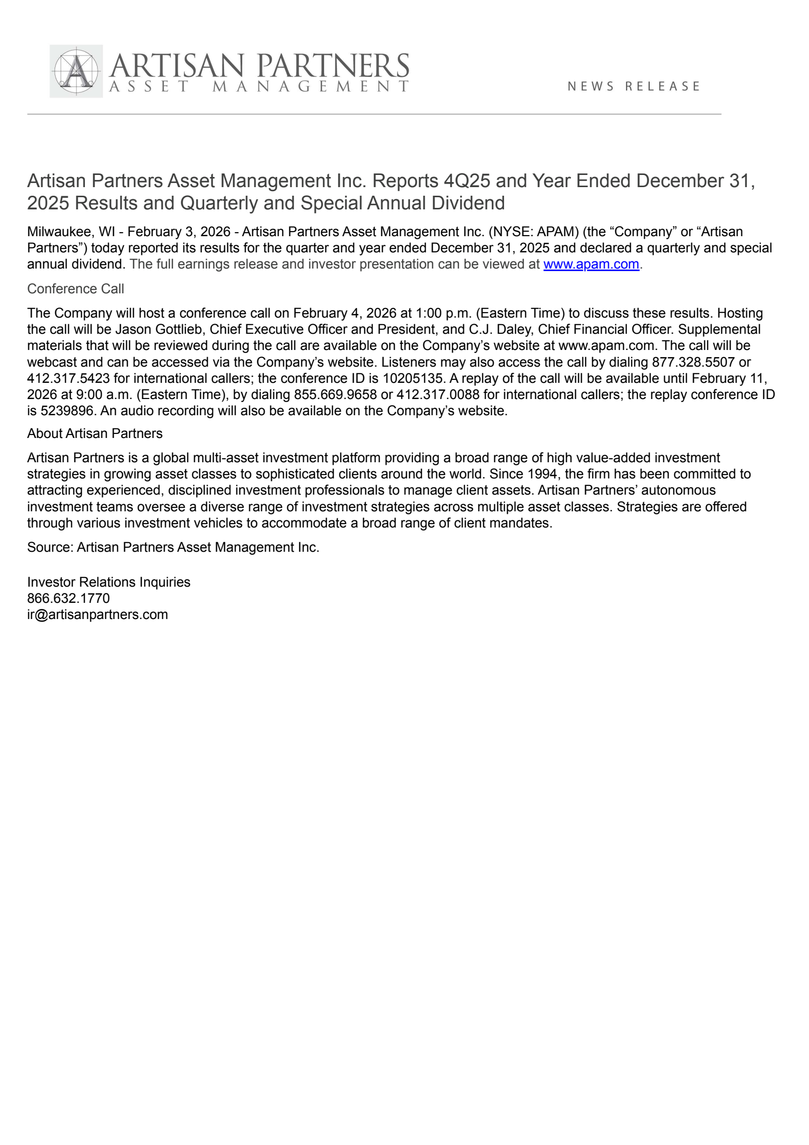 Artisan Partners Asset Management's Q4 2025 Press Release