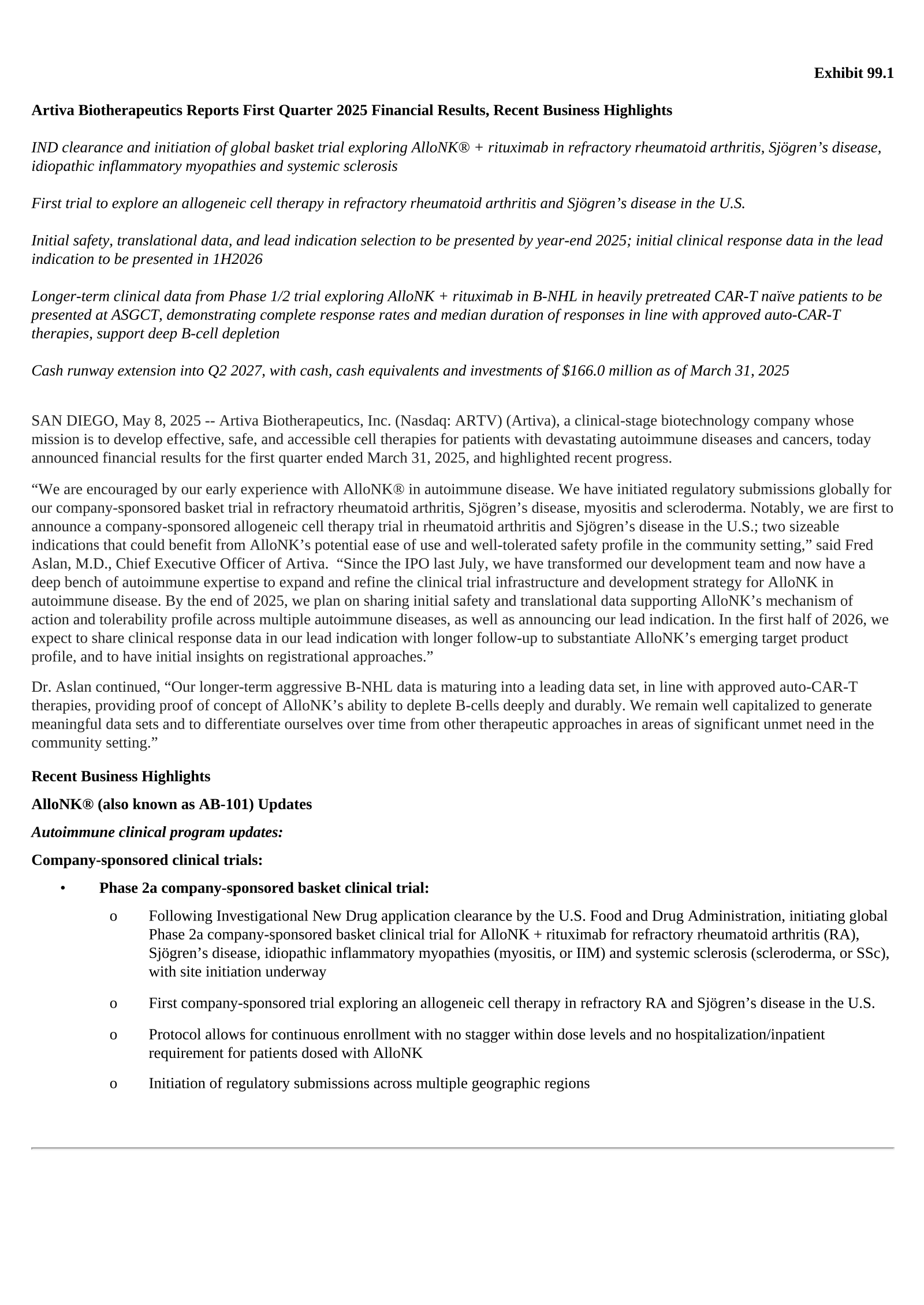 Artiva Biotherapeutics' Q1 2025 Press Release