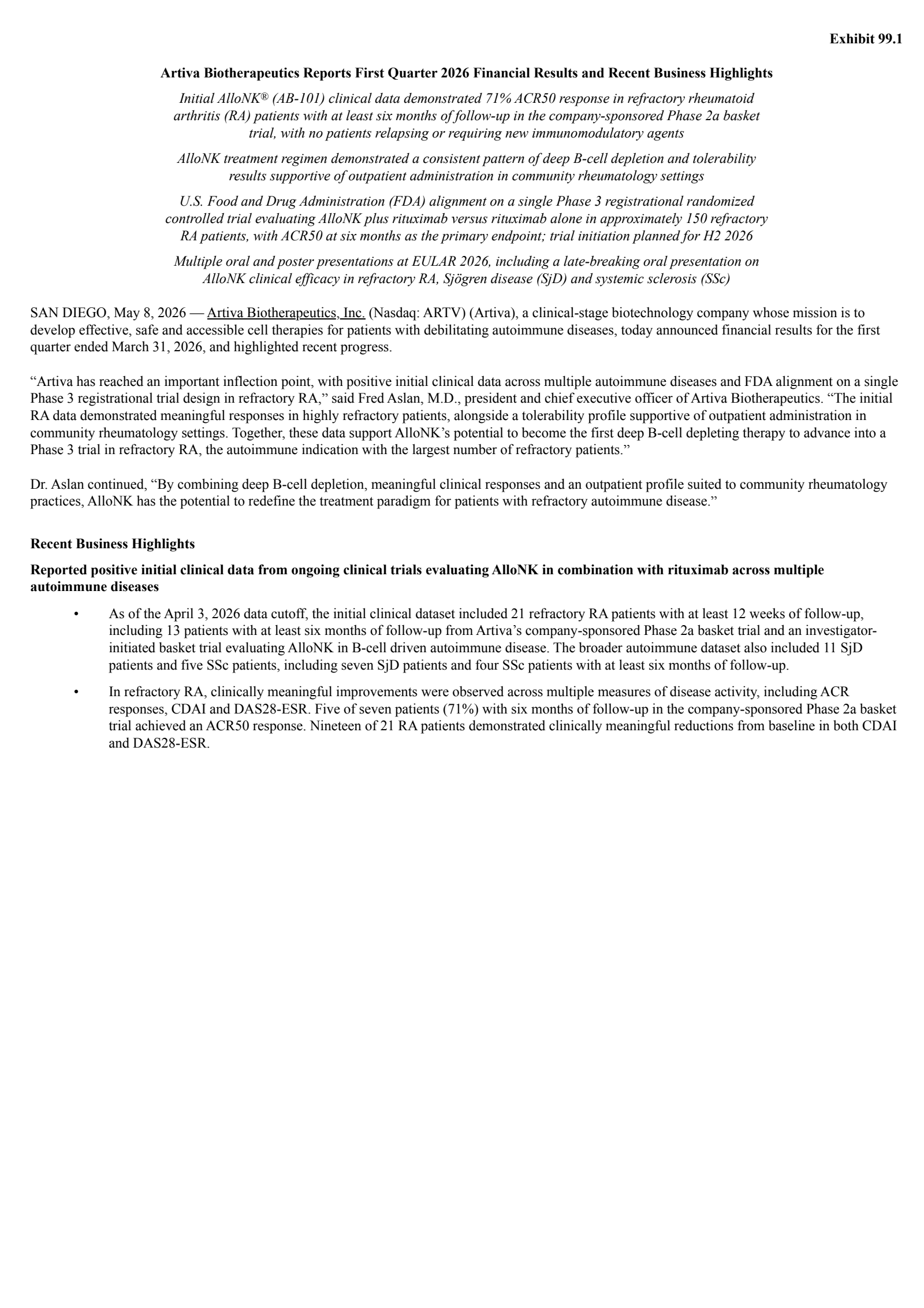 Artiva Biotherapeutics' Q1 2026 Press Release