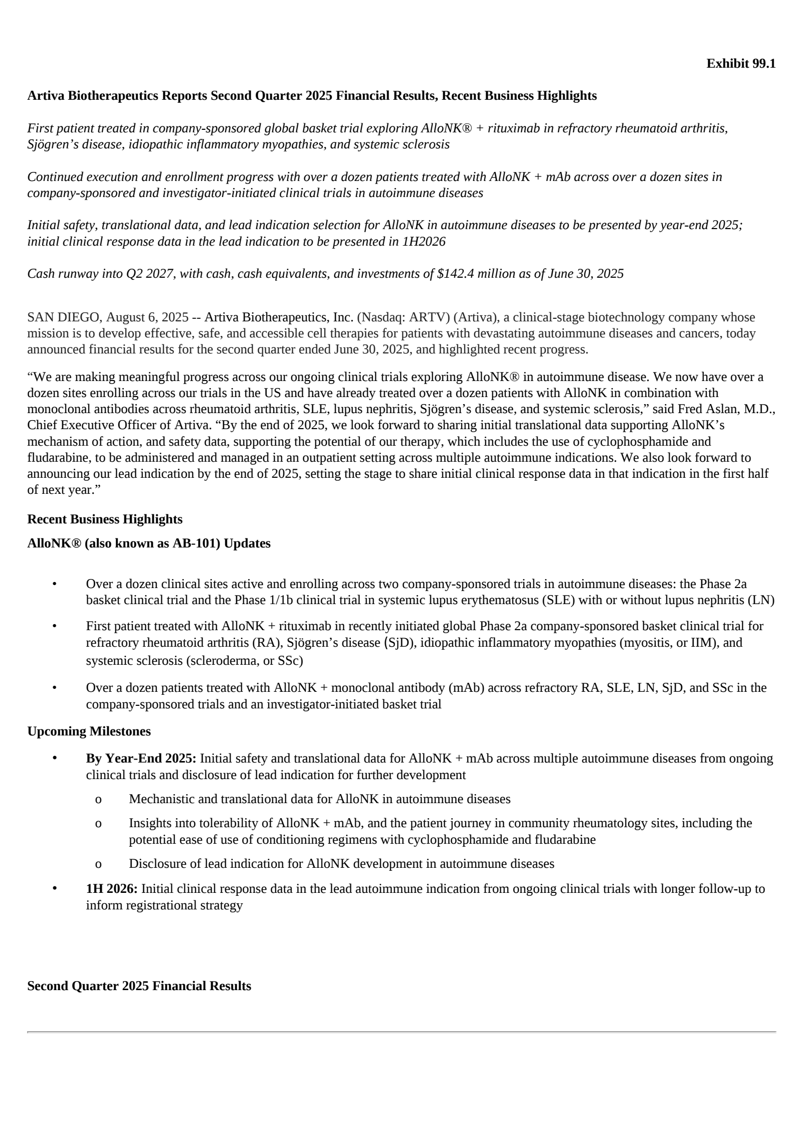 Artiva Biotherapeutics' Q2 2025 Press Release