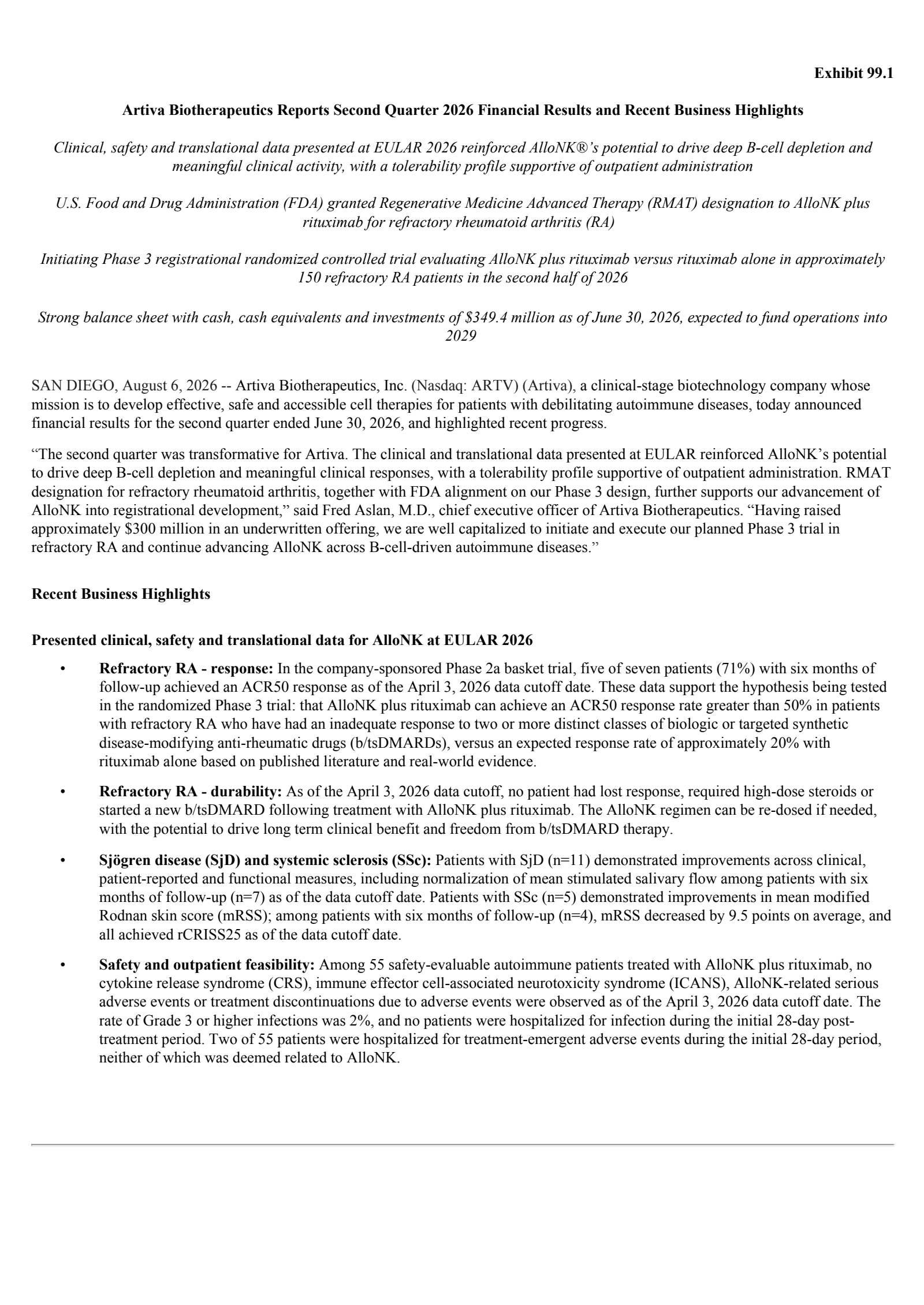Artiva Biotherapeutics' Q2 2026 Press Release
