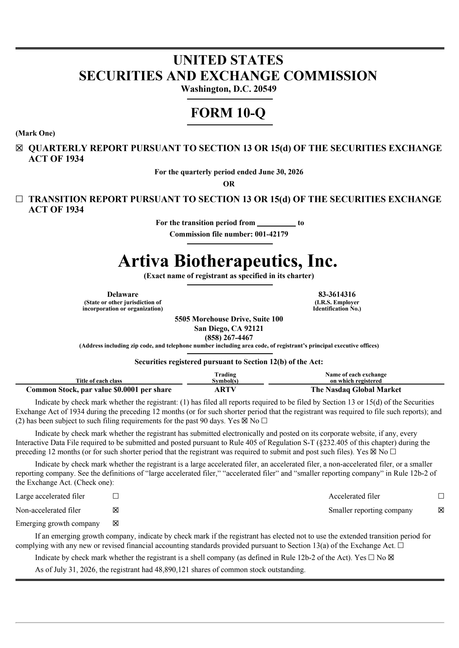 Artiva Biotherapeutics' Q2 2026 Quarterly report