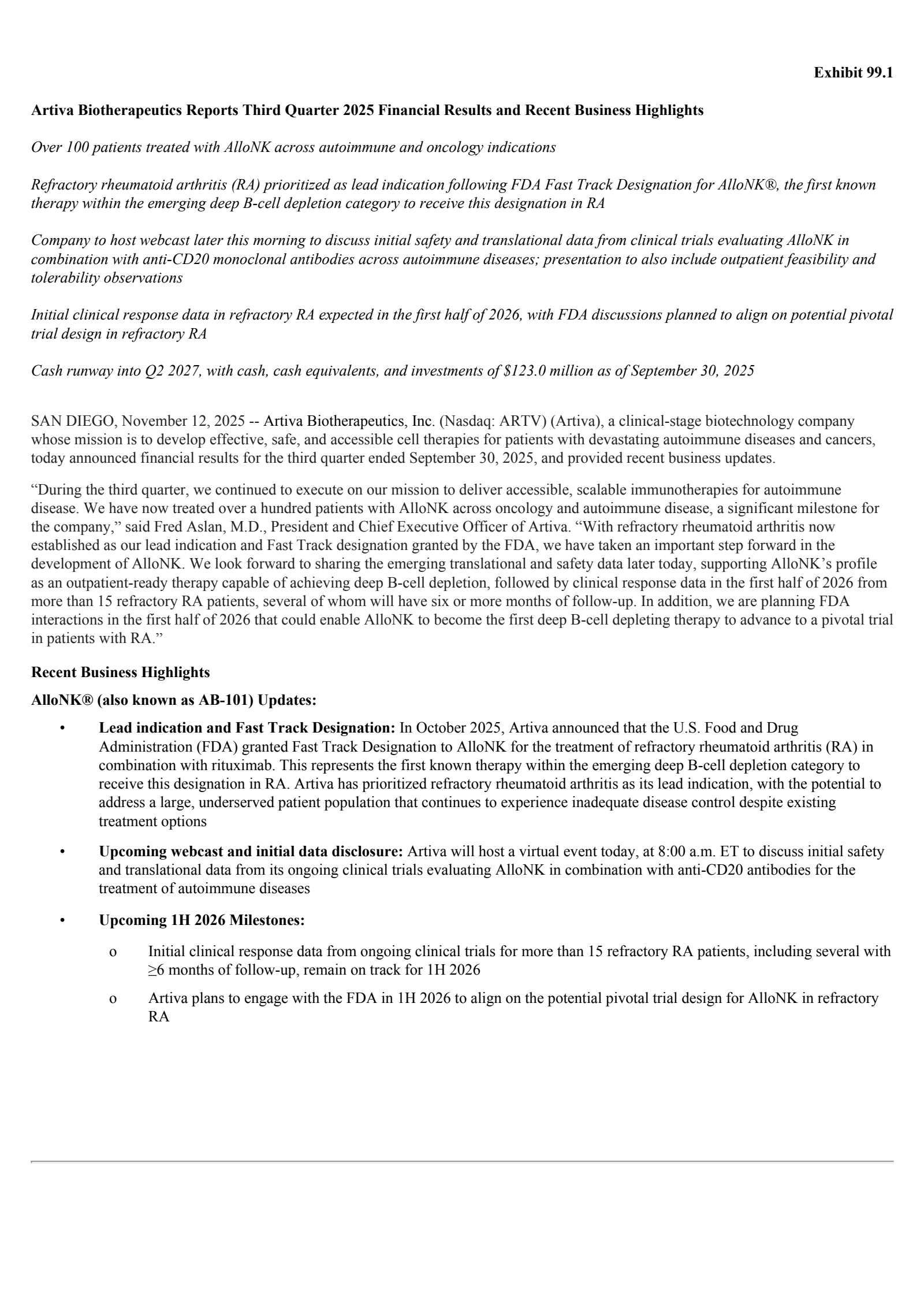 Artiva Biotherapeutics' Q3 2025 Earnings Release
