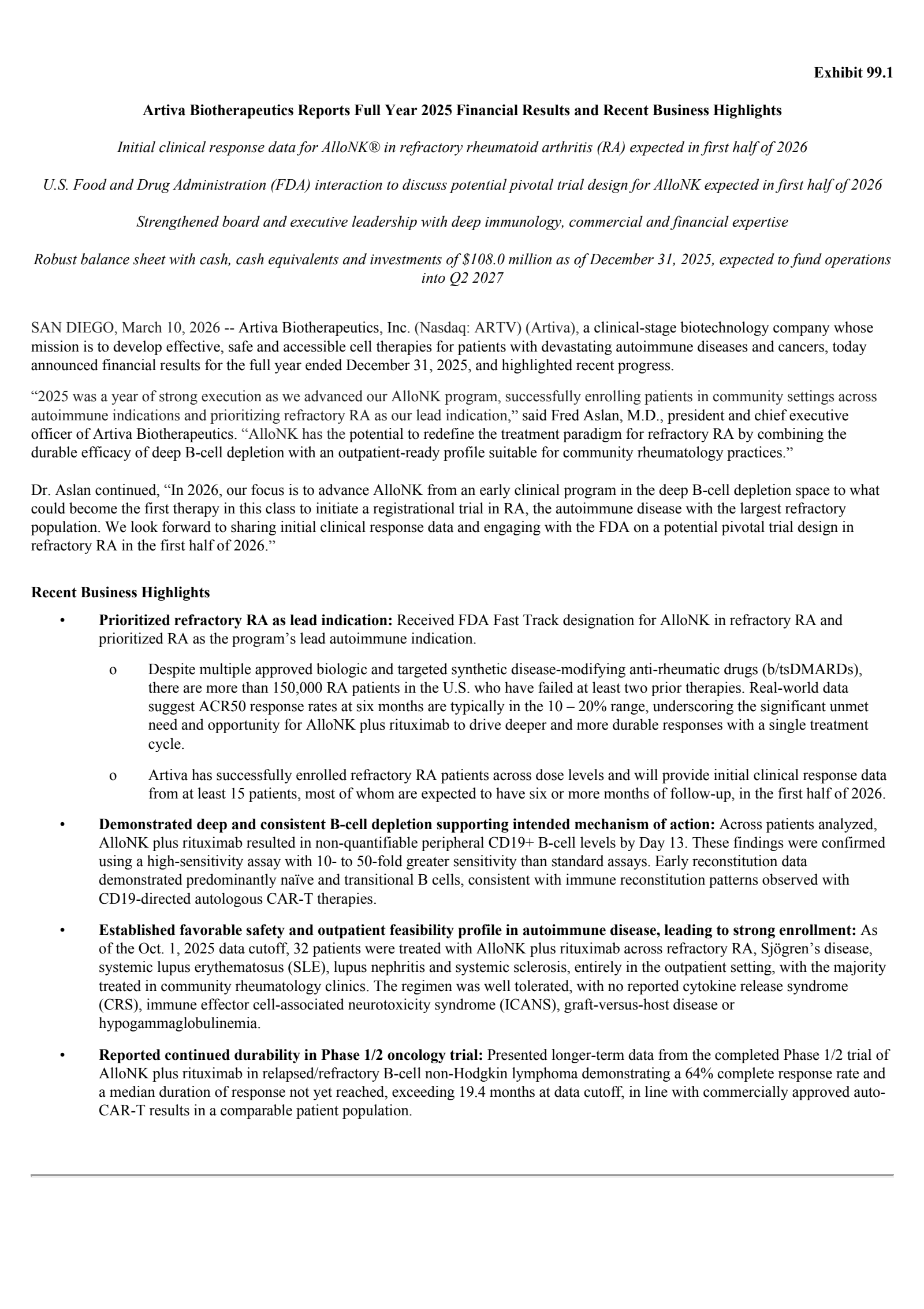 Artiva Biotherapeutics' Q4 2025 Press Release