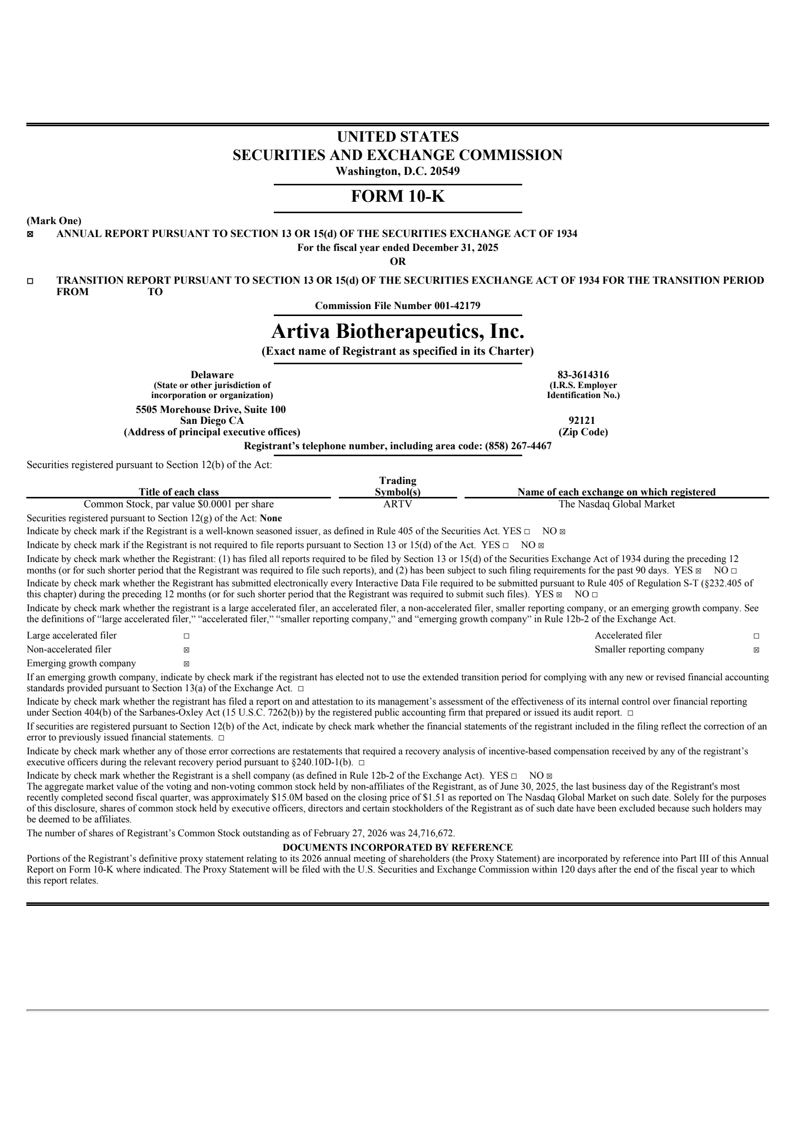 Artiva Biotherapeutics' Q4 2025 Annual report