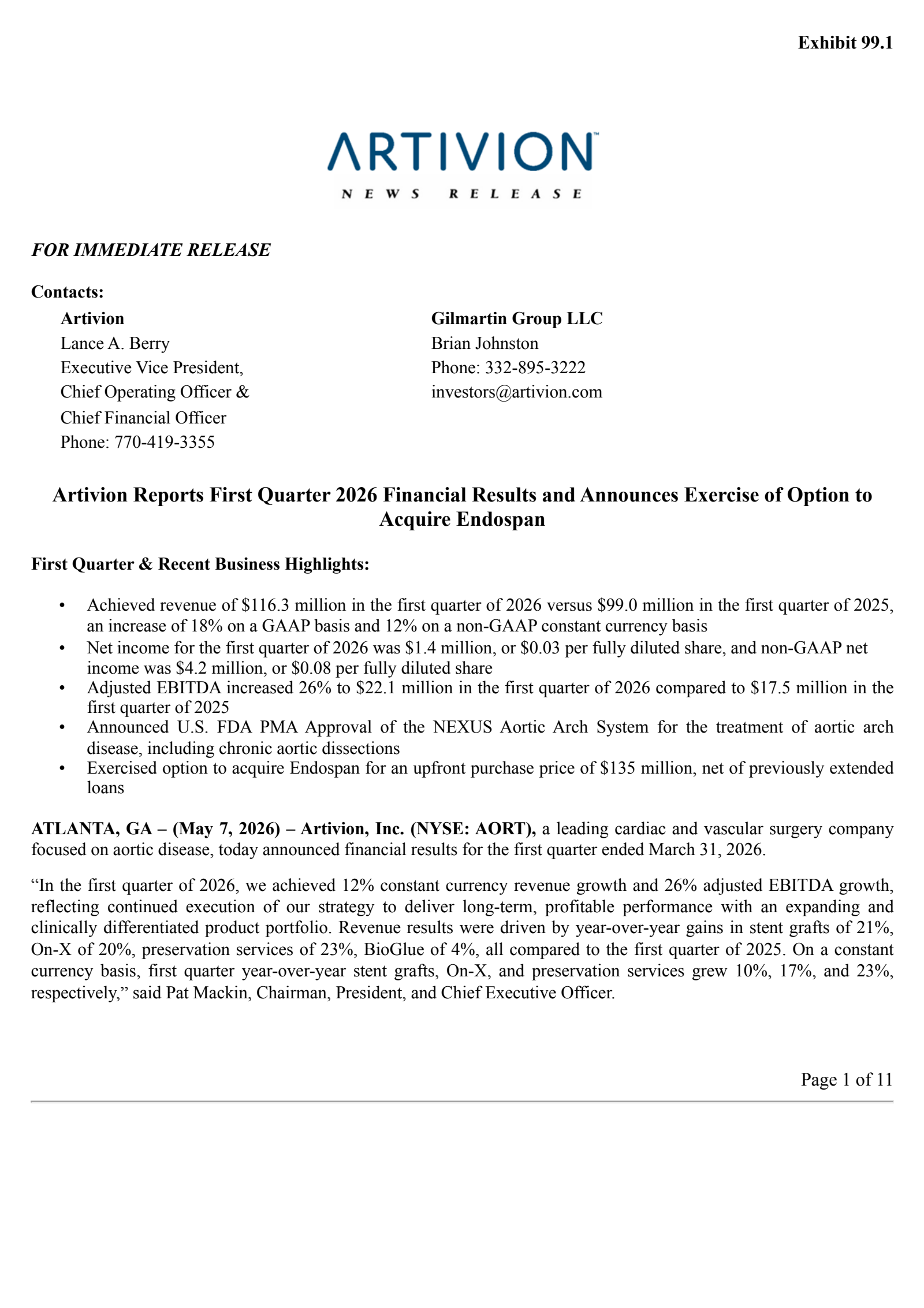 Artivion's Q1 2026 Press Release