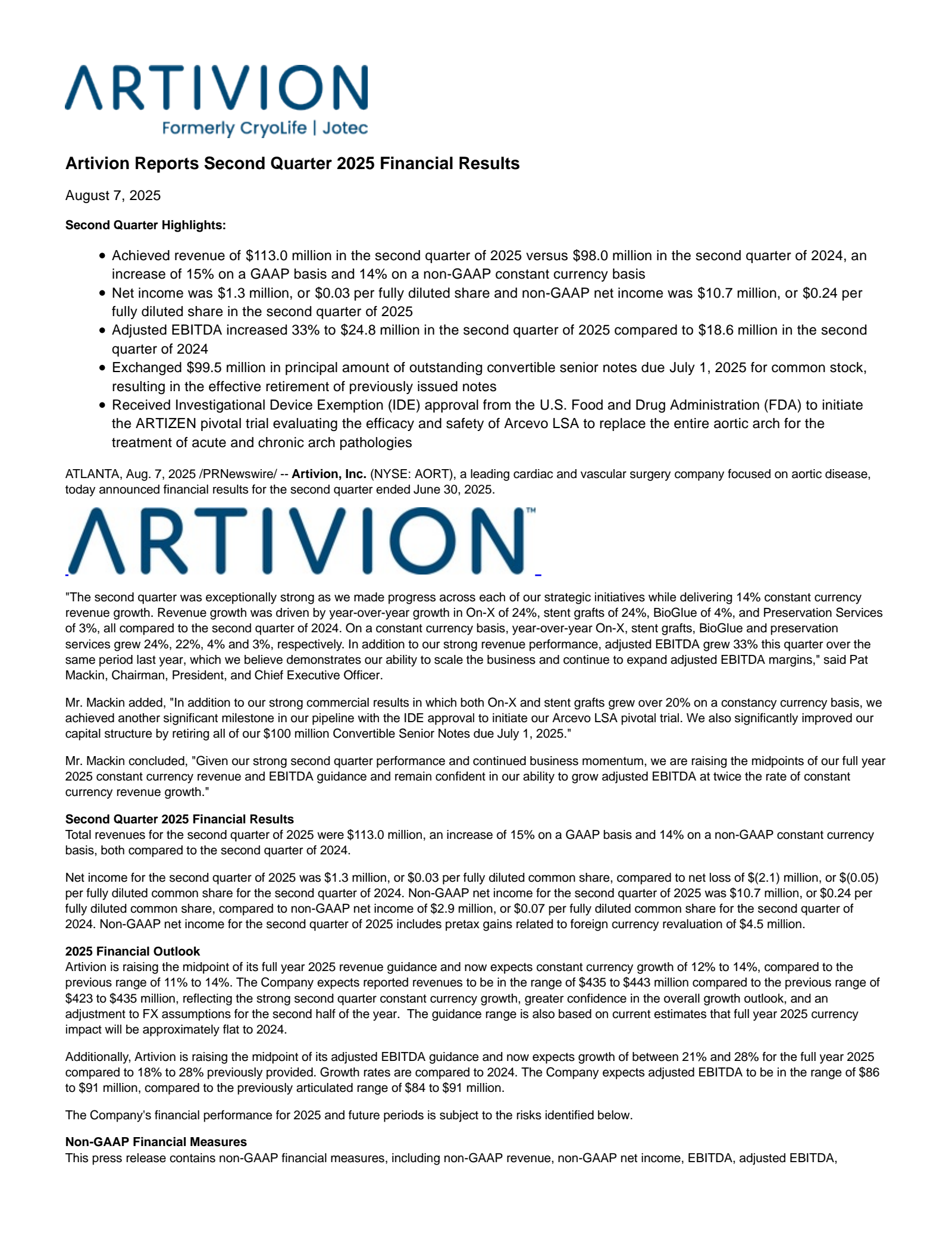 Artivion's Q2 2025 Press Release