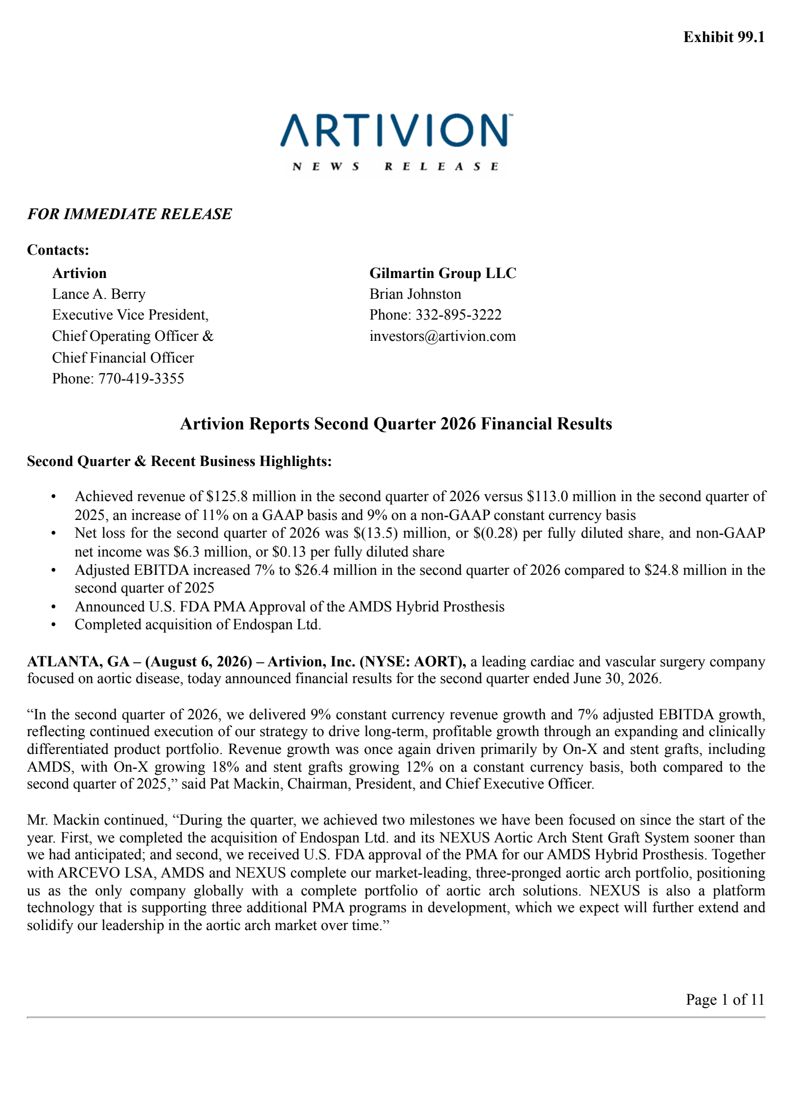 Artivion's Q2 2026 Press Release