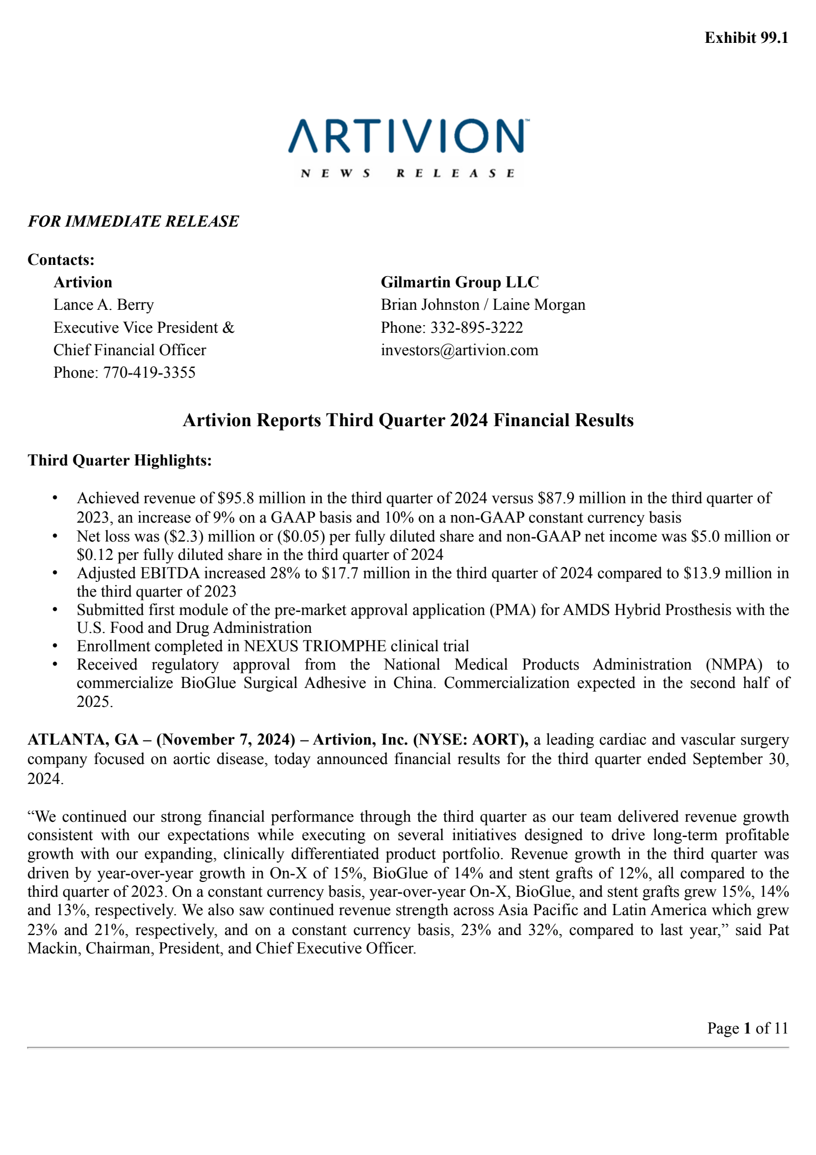 Artivion's Q3 2024 Press Release