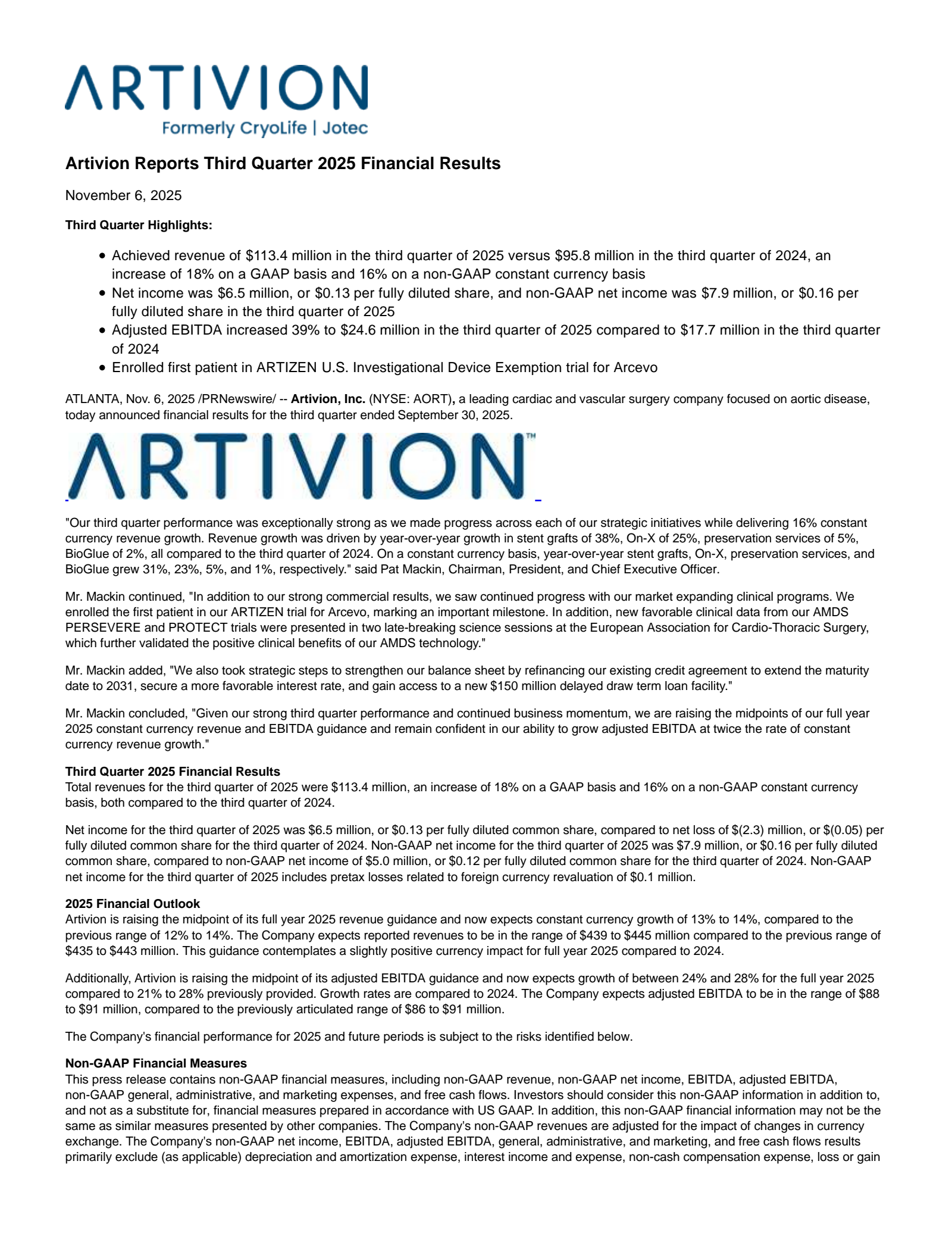 Artivion's Q3 2025 Earnings Release
