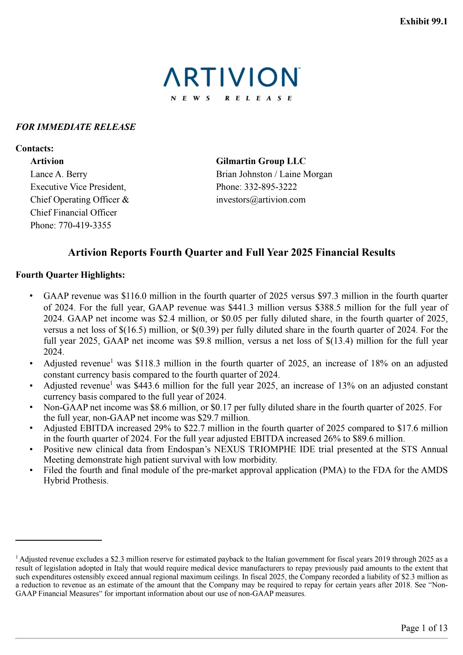 Artivion's Q4 2025 Press Release