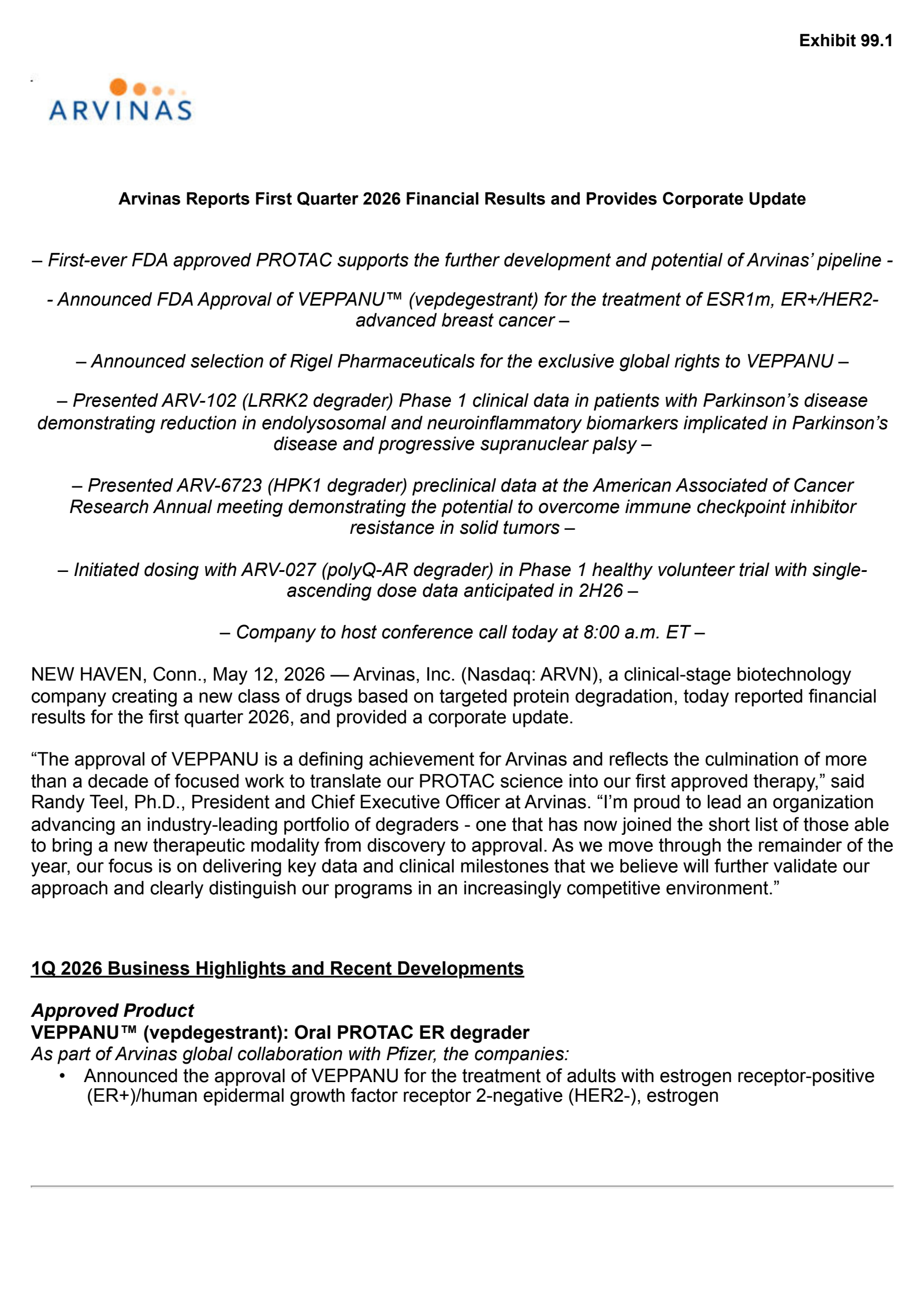 Arvinas' Q1 2026 Press Release
