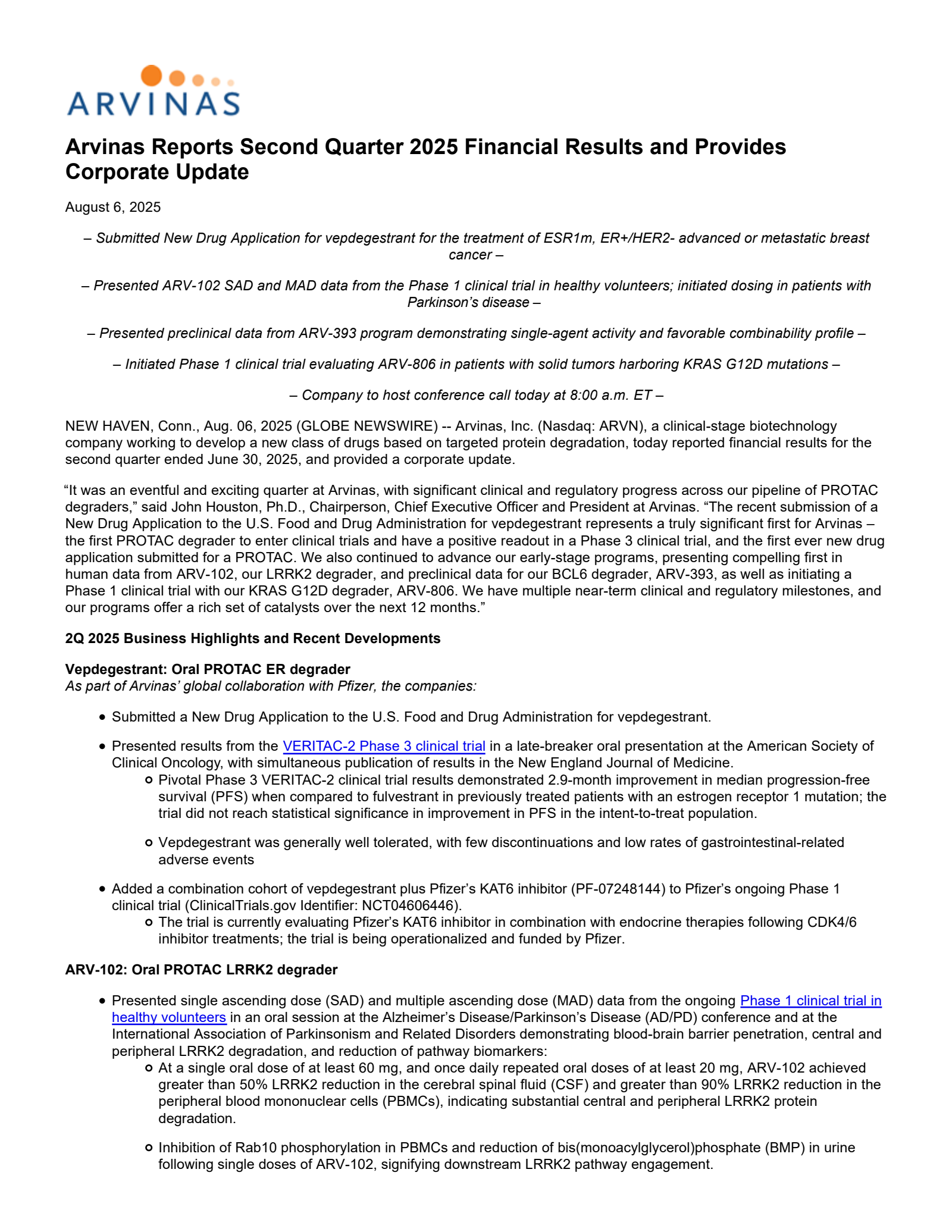 Arvinas' Q2 2025 Press Release