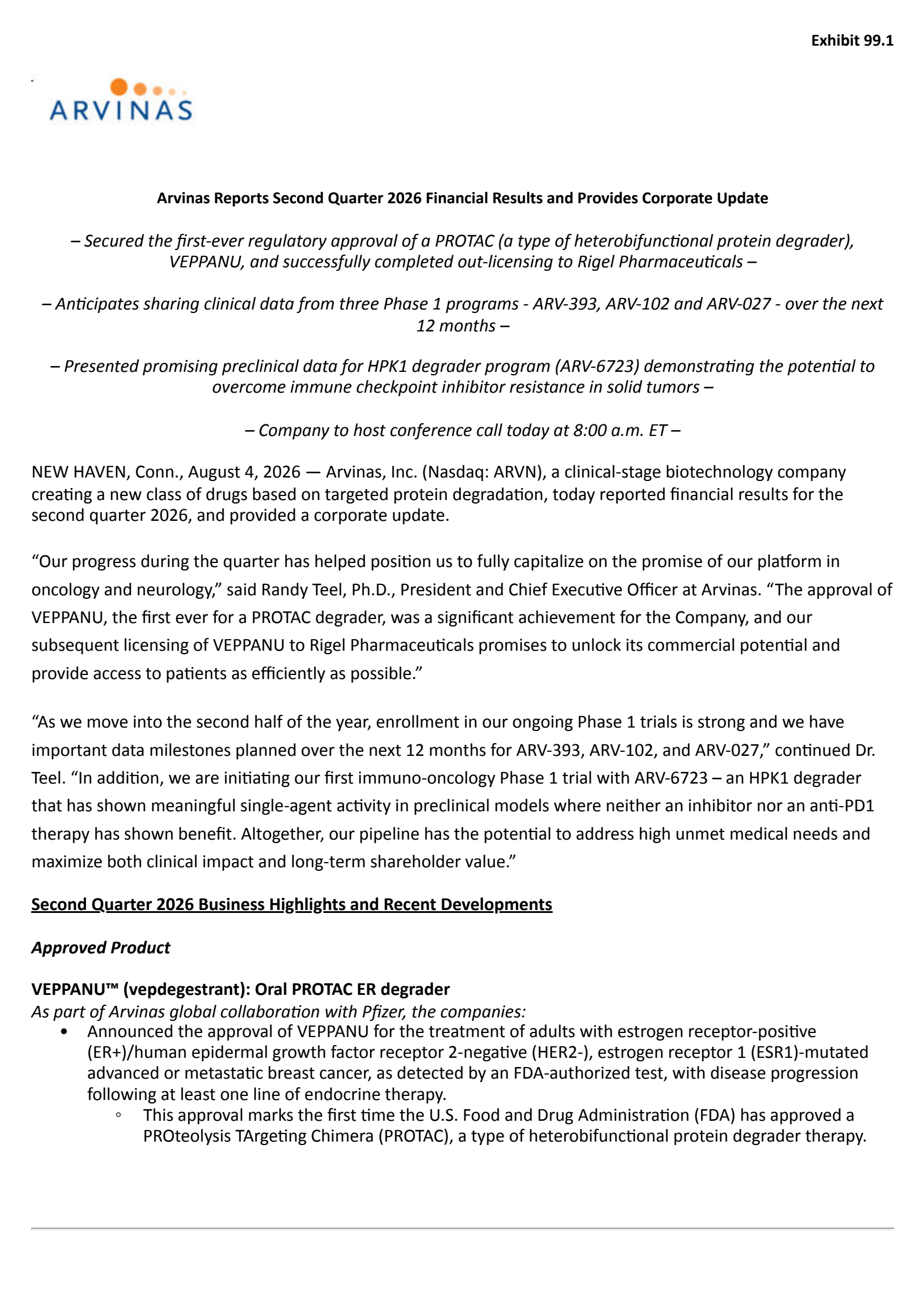 Arvinas' Q2 2026 Press Release