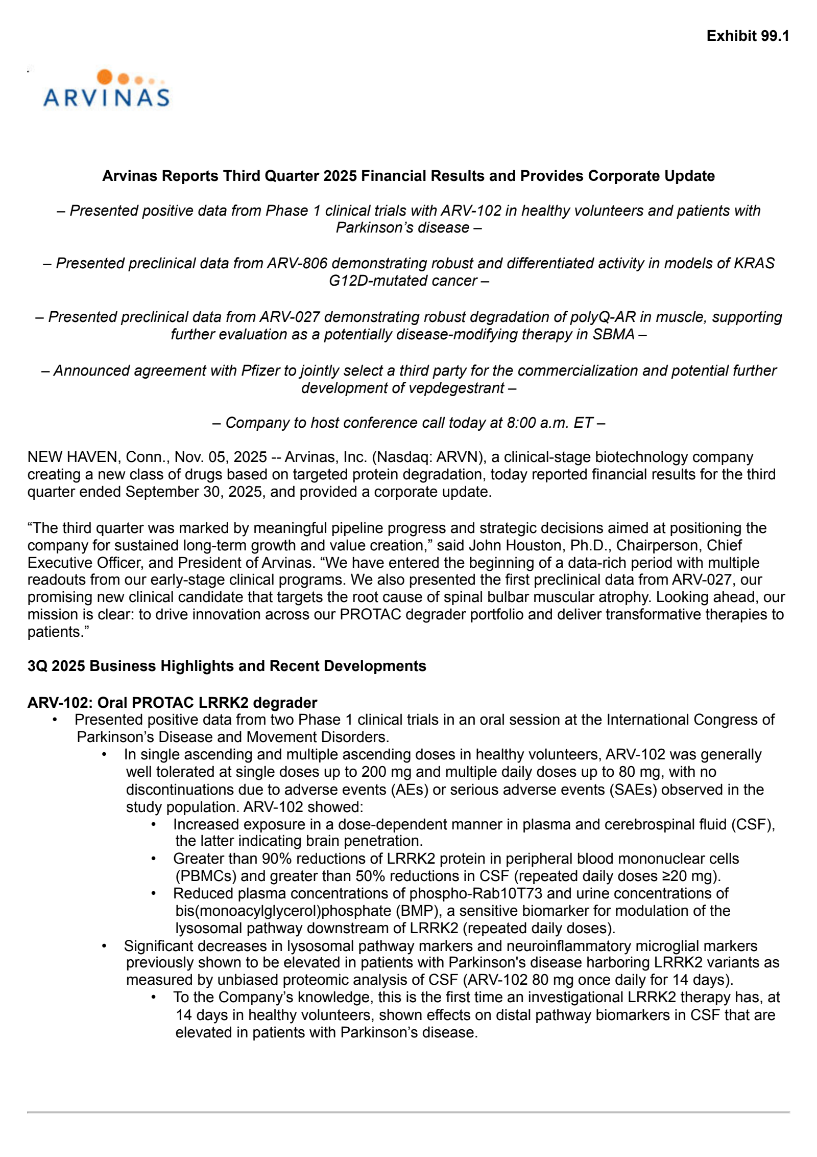 Arvinas' Q3 2025 Earnings Release