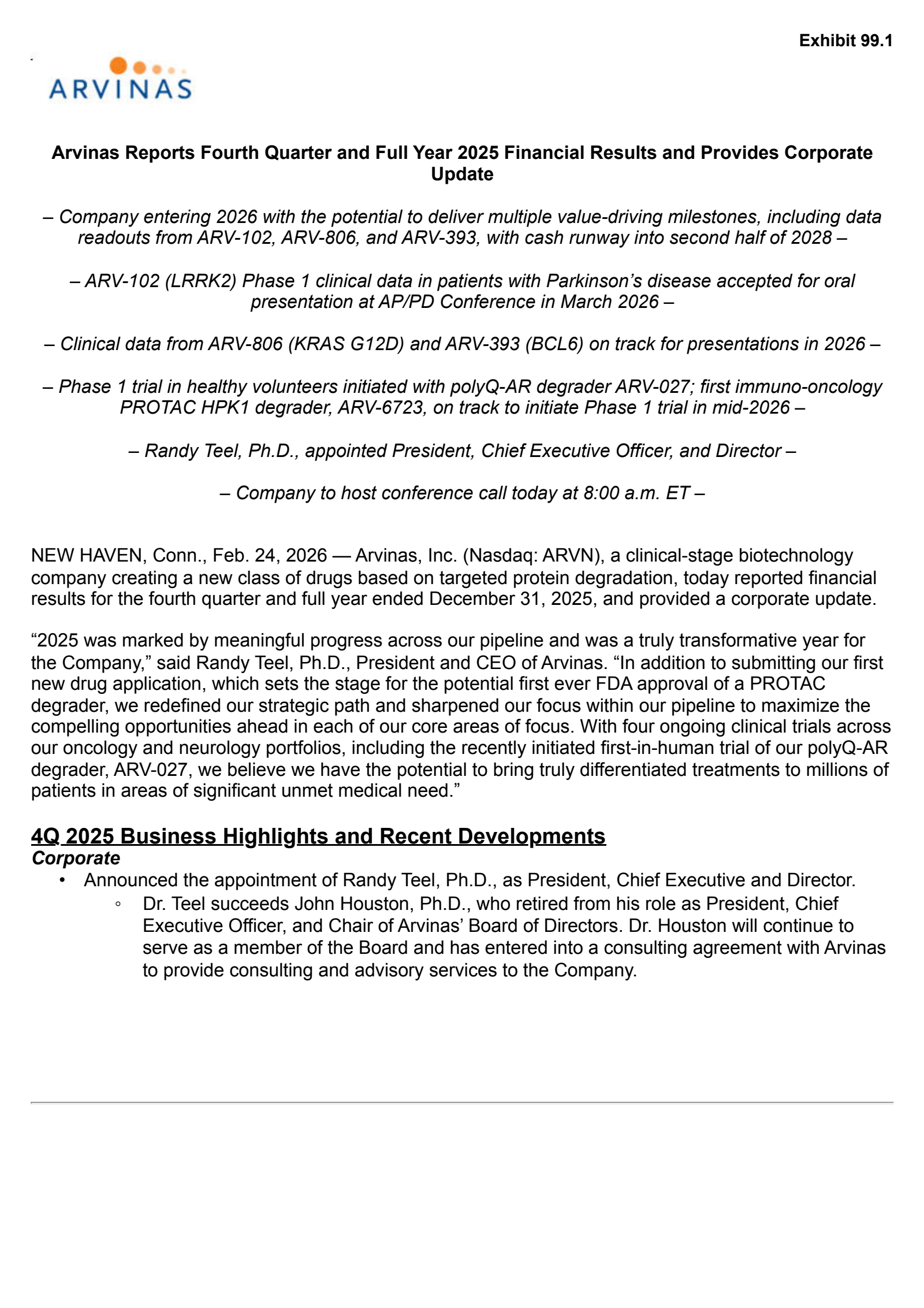 Arvinas' Q4 2025 Press Release