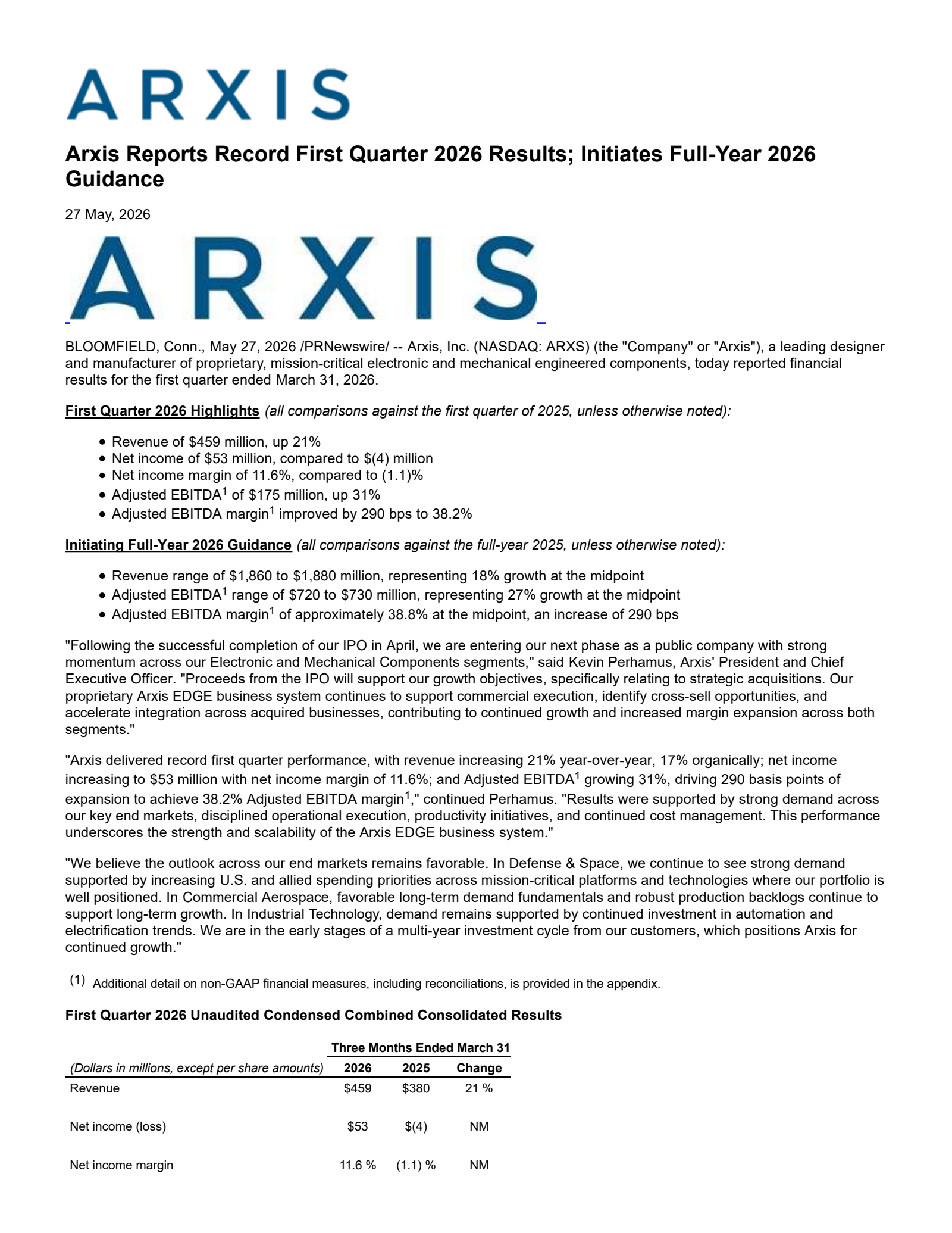 Arxis' Q1 2026 Press Release