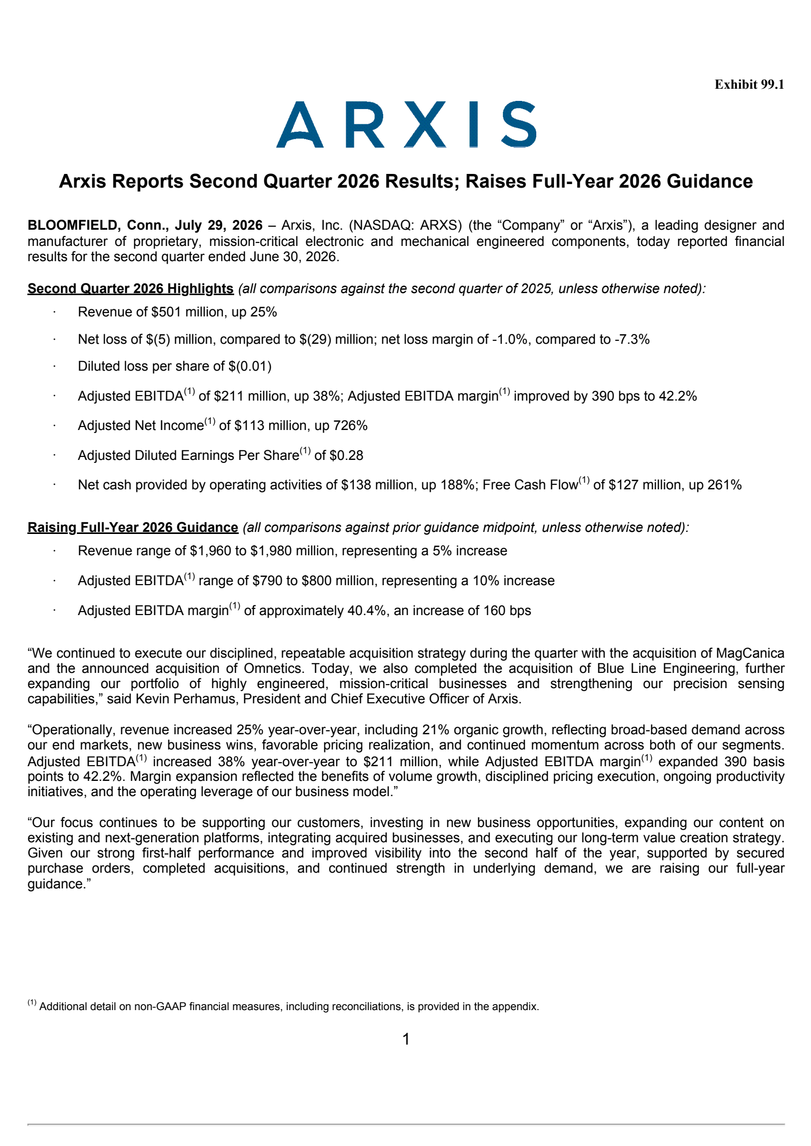Arxis' Q2 2026 Press Release