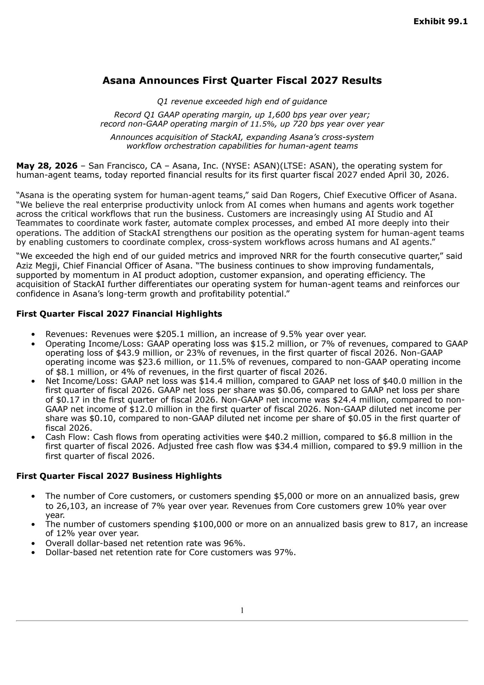Asana's Q1 2027 Press Release